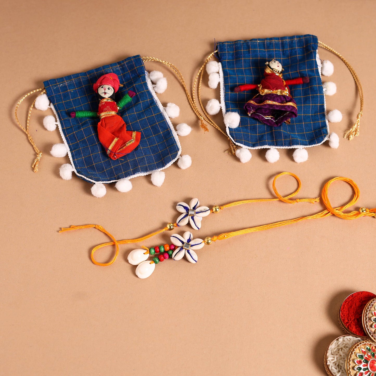 Handmade Shell & Bead Work Rakhi & Lumba Set