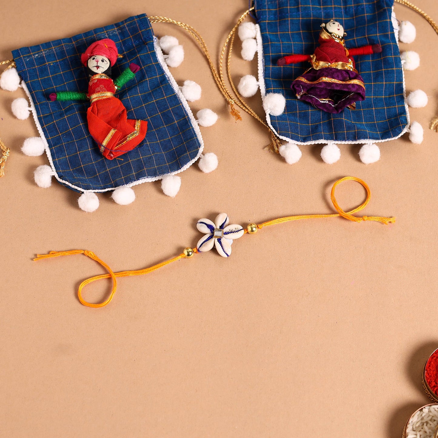 Handmade Shell & Bead Work Rakhi & Lumba Set