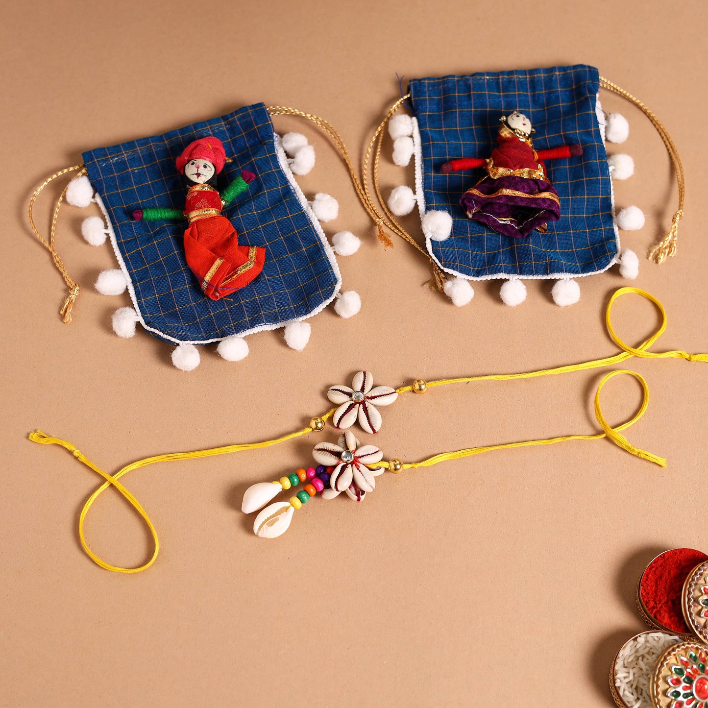 Handmade Shell & Bead Work Rakhi & Lumba Set