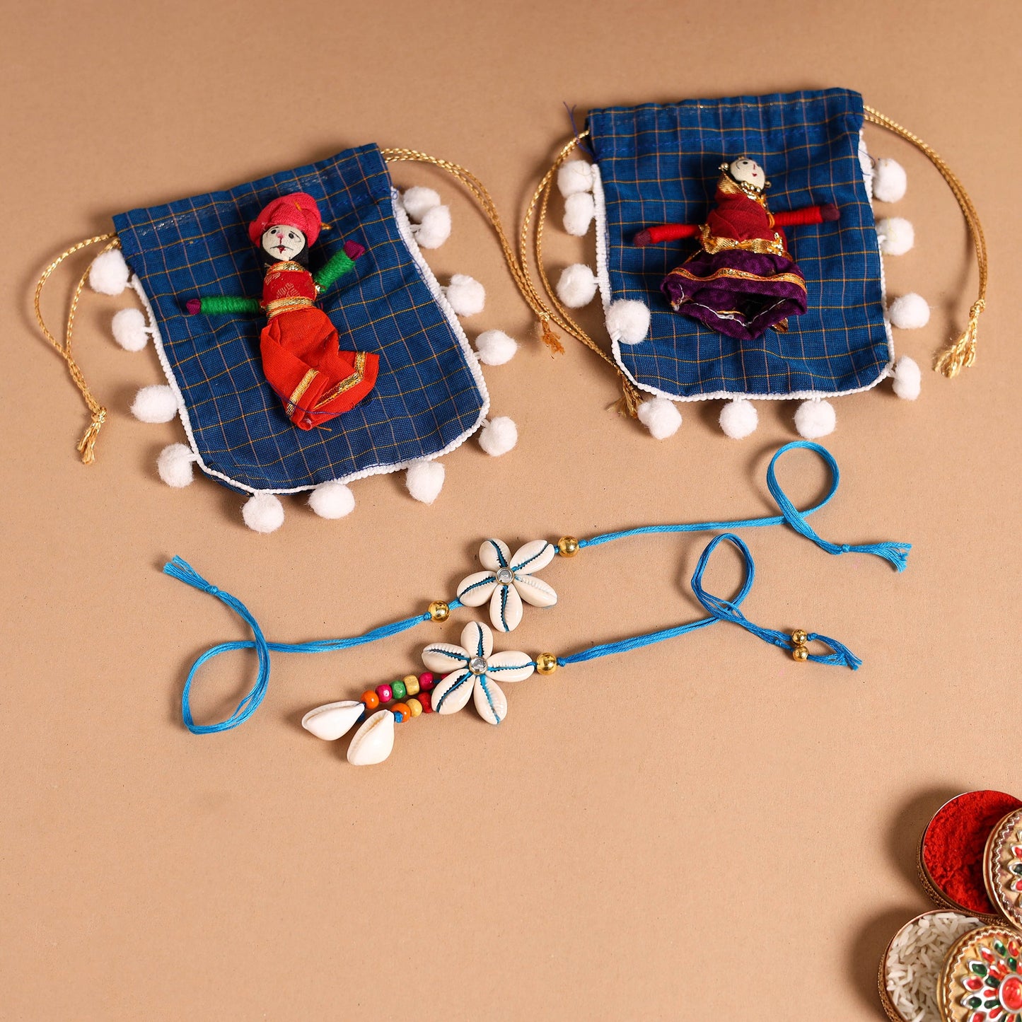 Handmade Shell & Bead Work Rakhi & Lumba Set