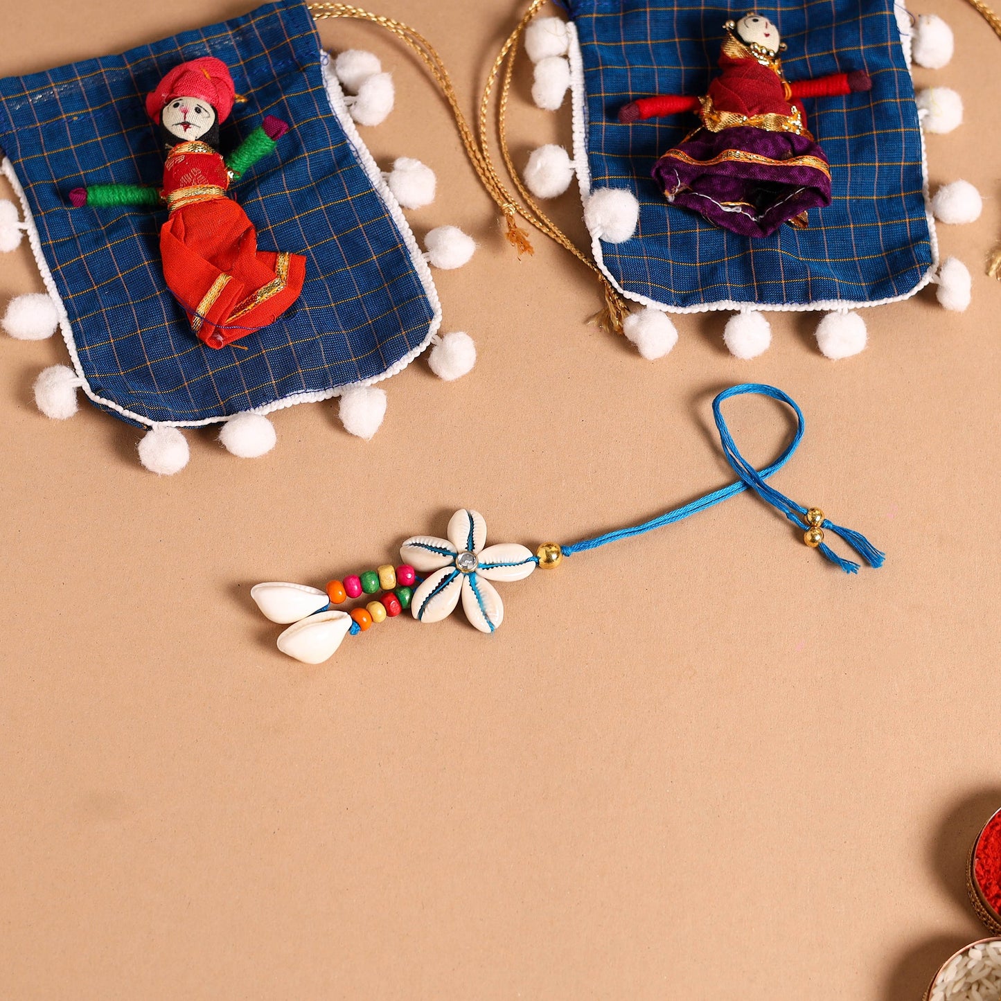 Handmade Shell & Bead Work Rakhi & Lumba Set