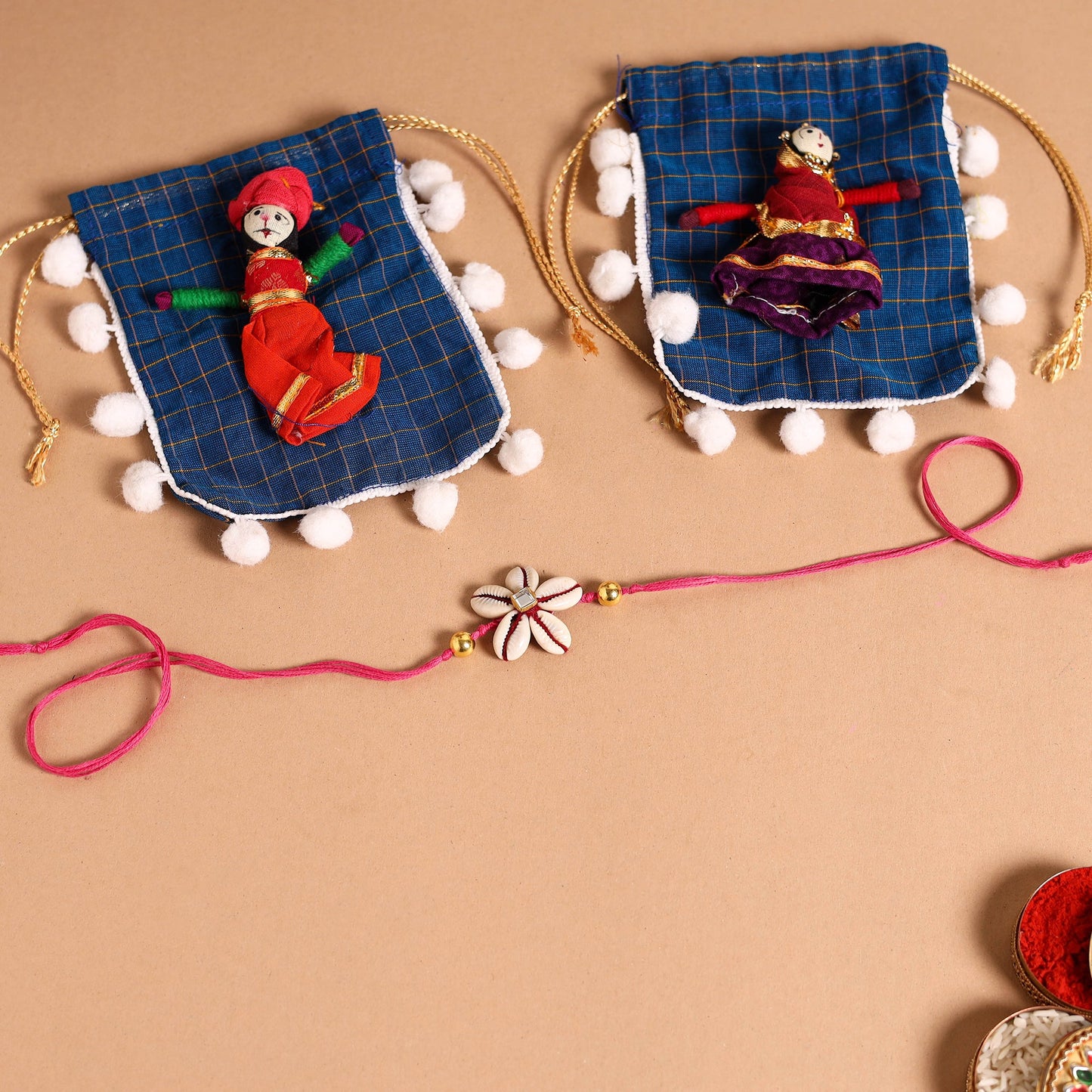 Handmade Shell & Bead Work Rakhi & Lumba Set