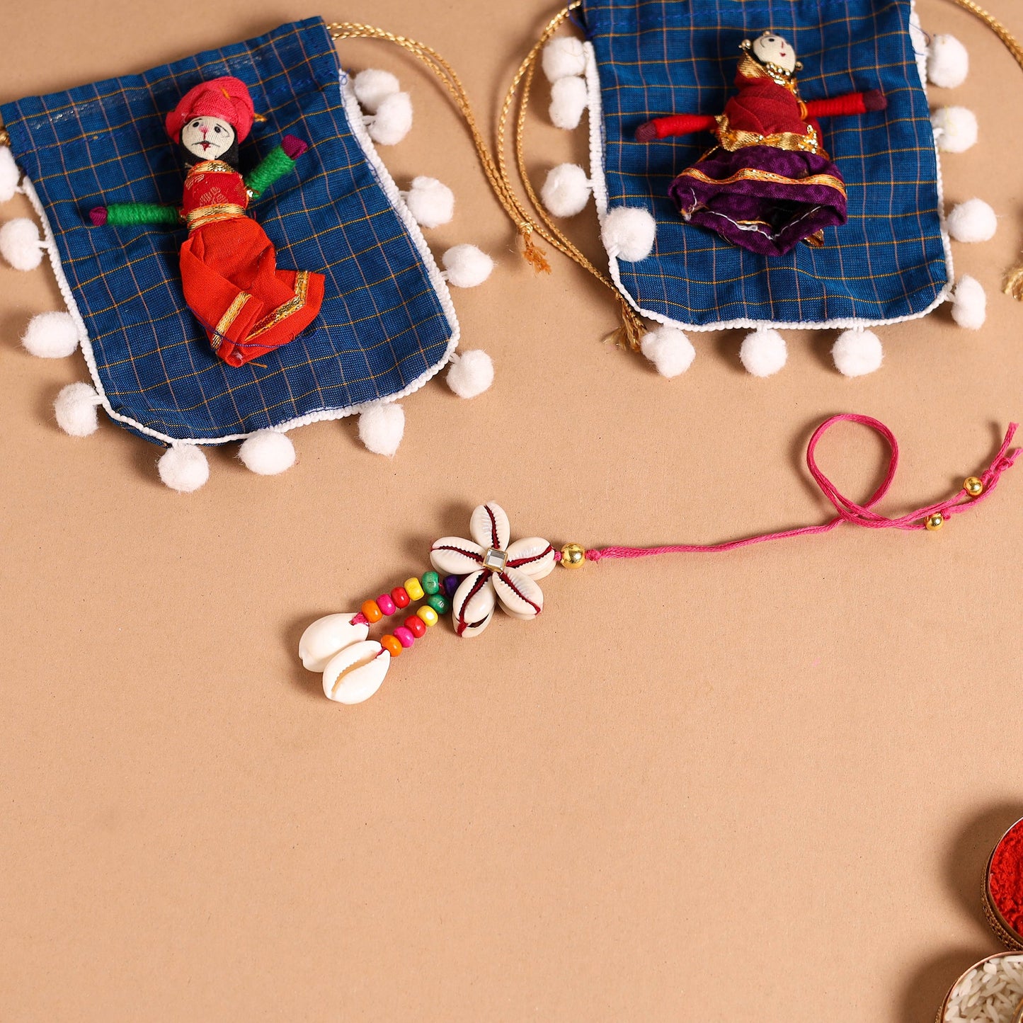 Handmade Shell & Bead Work Rakhi & Lumba Set