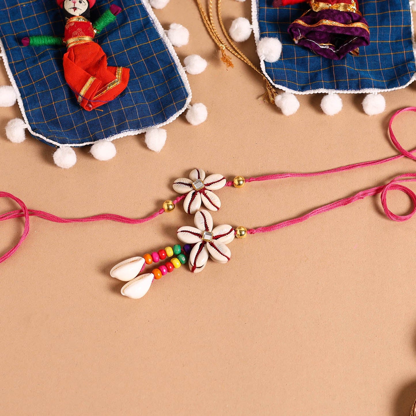 Handmade Shell & Bead Work Rakhi & Lumba Set