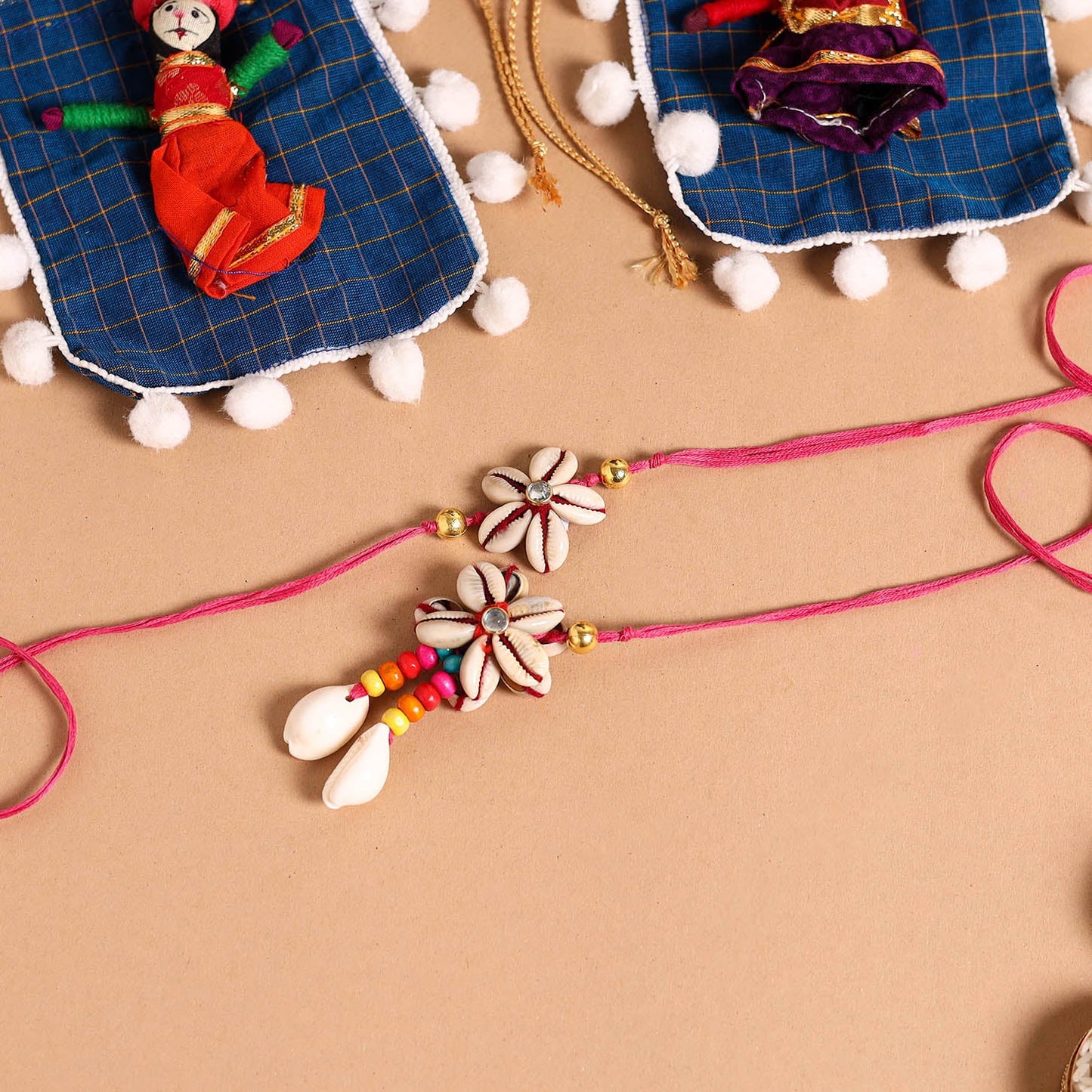 Handmade Shell & Bead Work Rakhi & Lumba Set