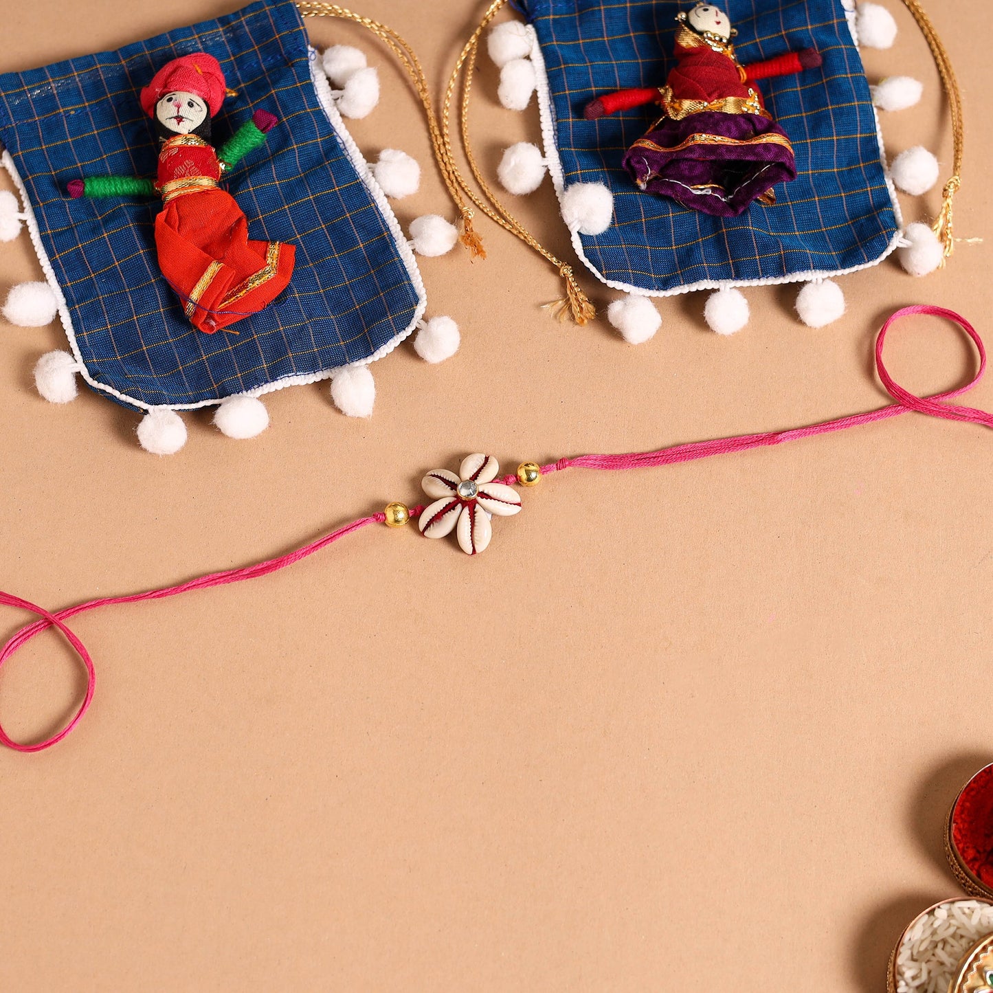 Handmade Shell & Bead Work Rakhi & Lumba Set
