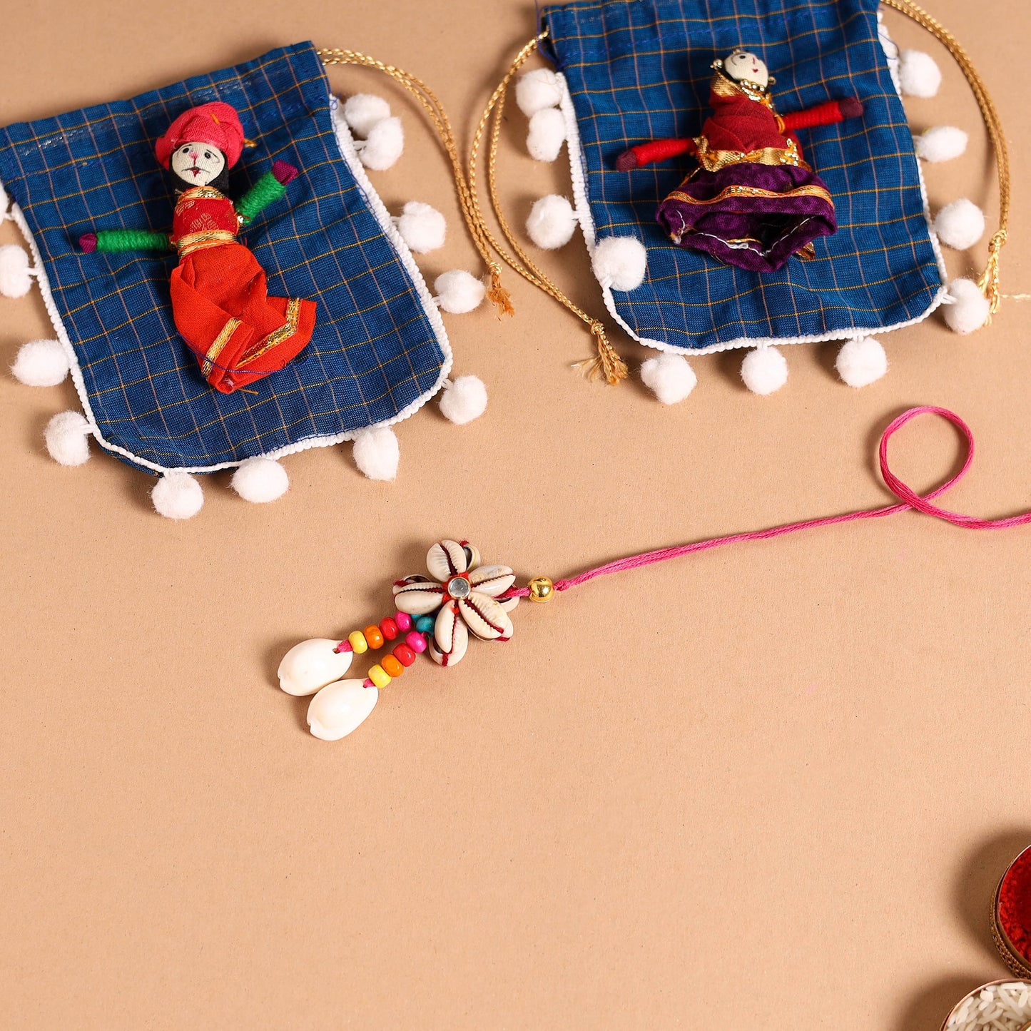 Handmade Shell & Bead Work Rakhi & Lumba Set