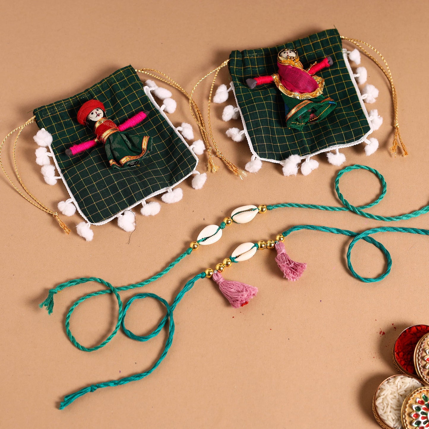 Handmade Shell & Bead Work Rakhi & Lumba Set