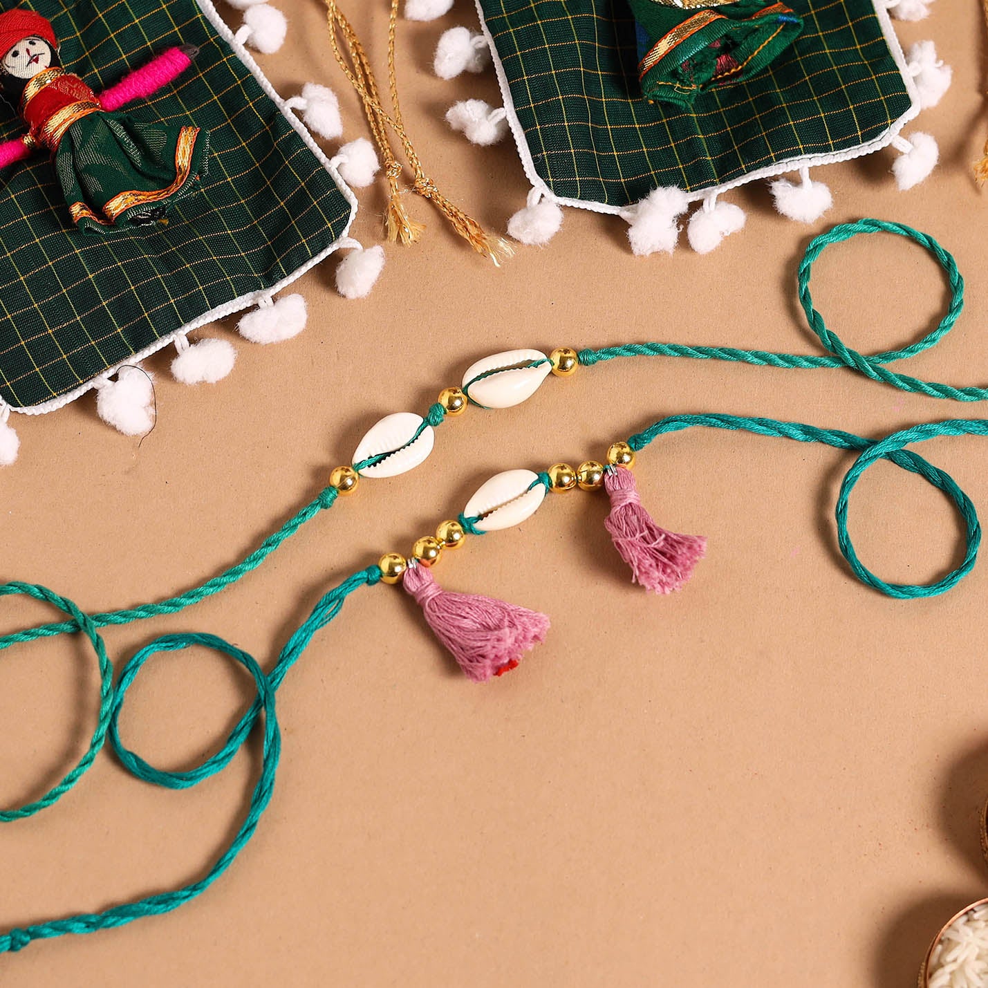 Handmade Shell & Bead Work Rakhi & Lumba Set