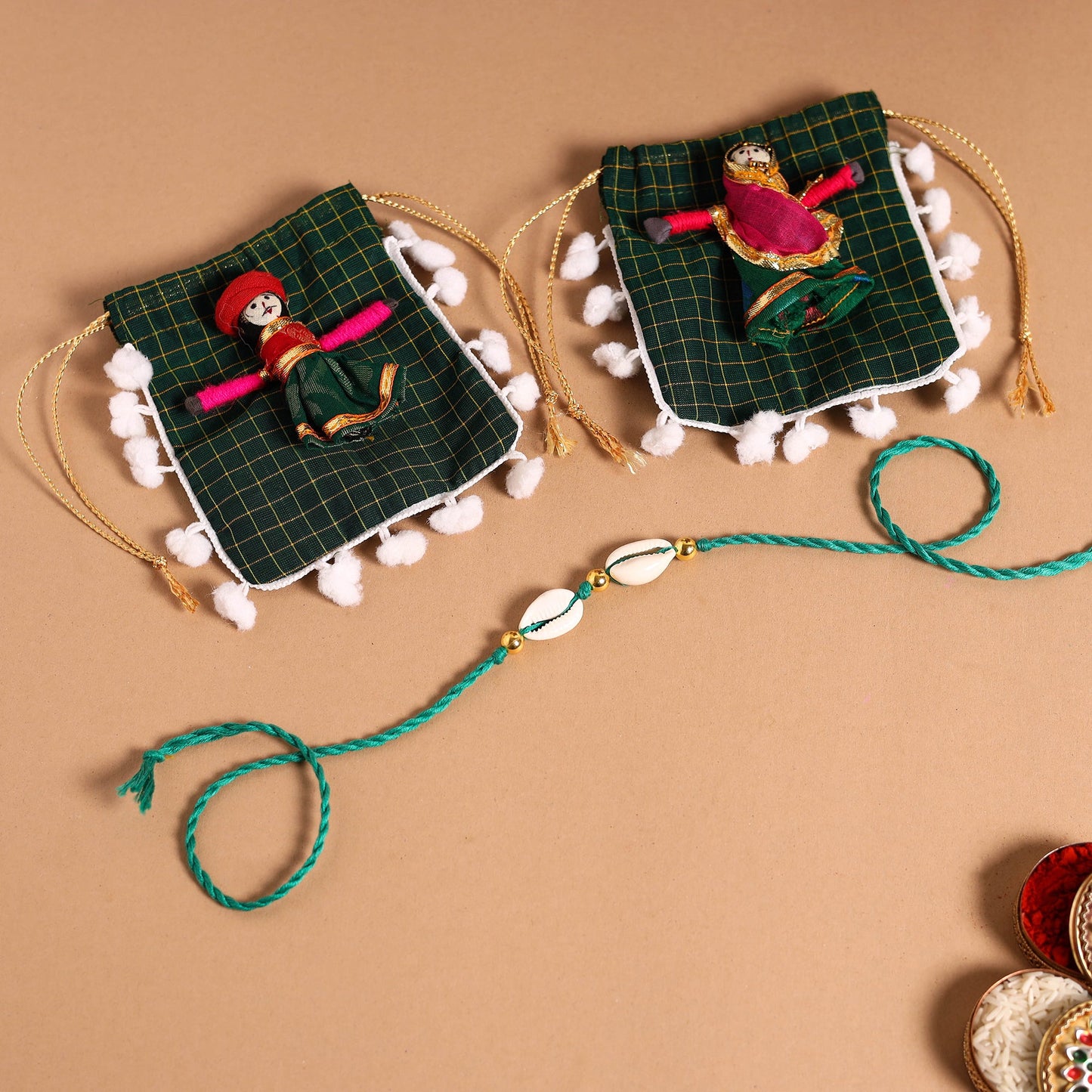 Handmade Shell & Bead Work Rakhi & Lumba Set