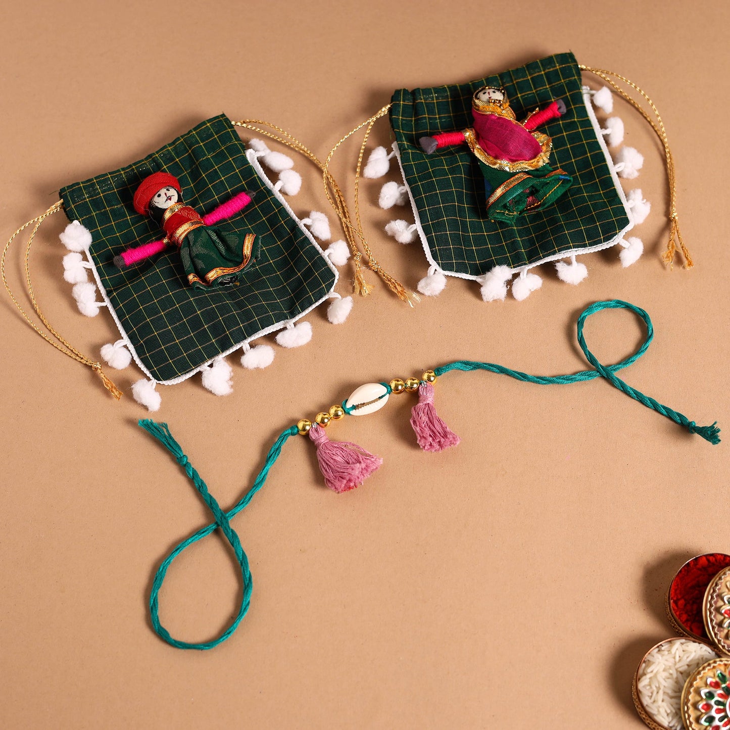 Handmade Shell & Bead Work Rakhi & Lumba Set
