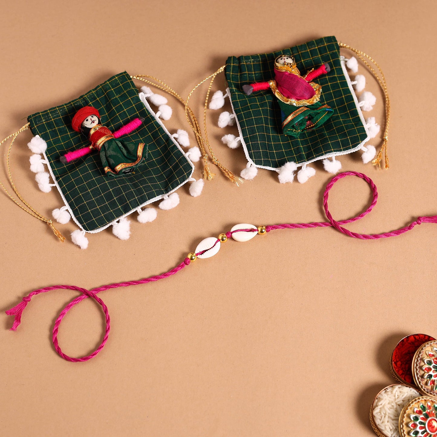 Handmade Shell & Bead Work Rakhi & Lumba Set