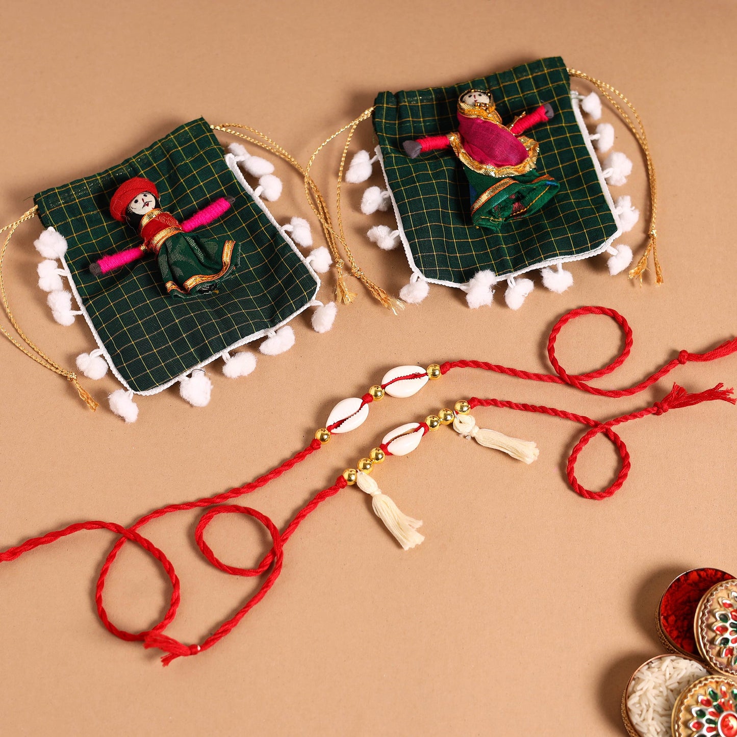 Handmade Shell & Bead Work Rakhi & Lumba Set