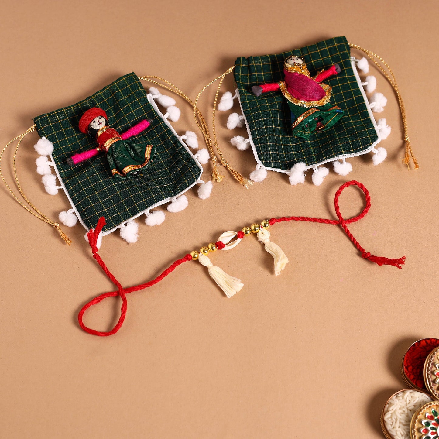 Handmade Shell & Bead Work Rakhi & Lumba Set