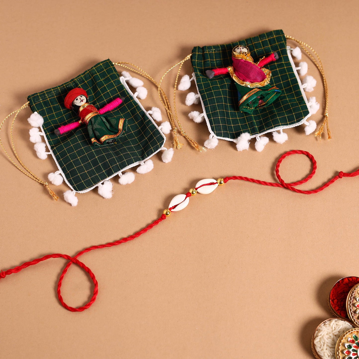 Handmade Shell & Bead Work Rakhi & Lumba Set