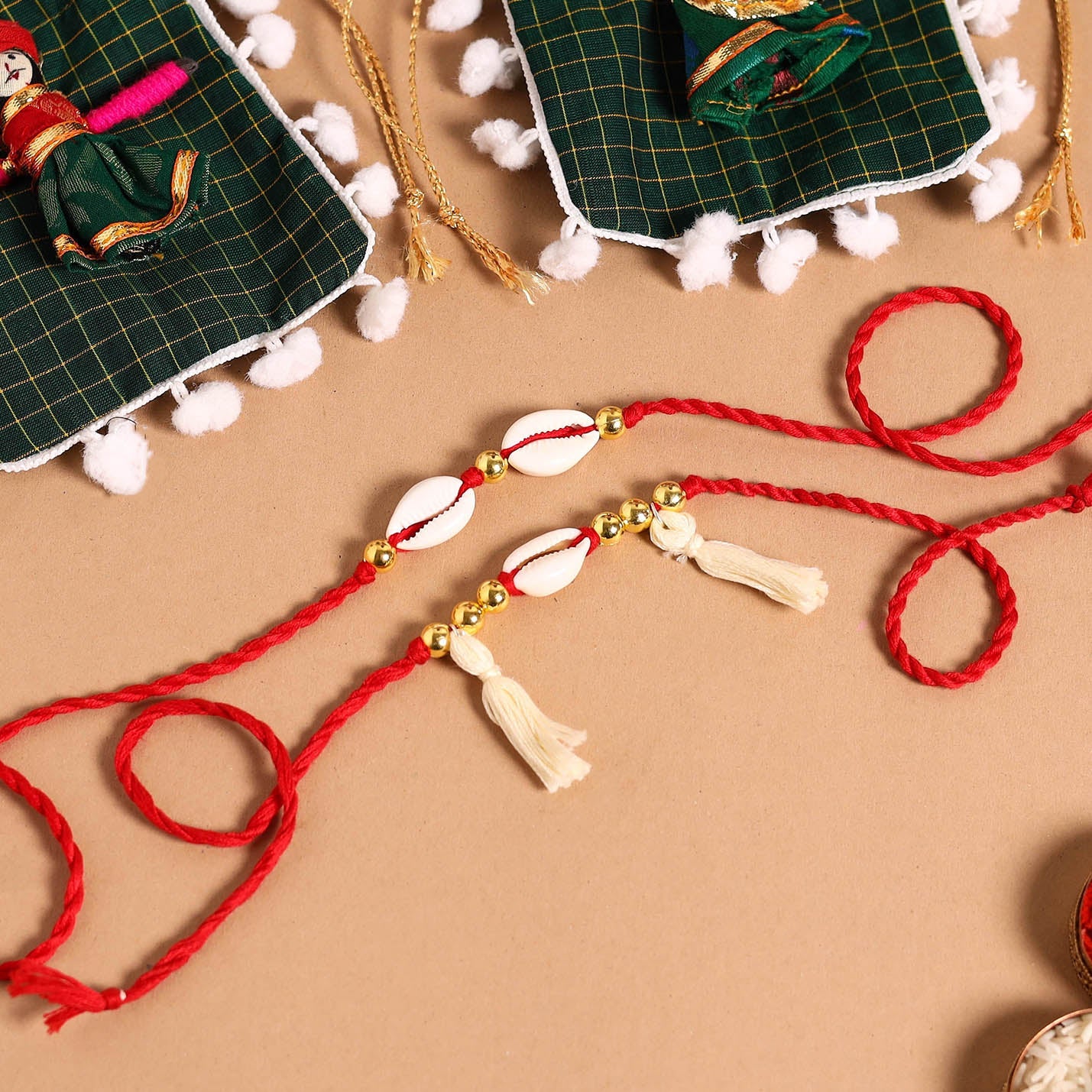 Handmade Shell & Bead Work Rakhi & Lumba Set