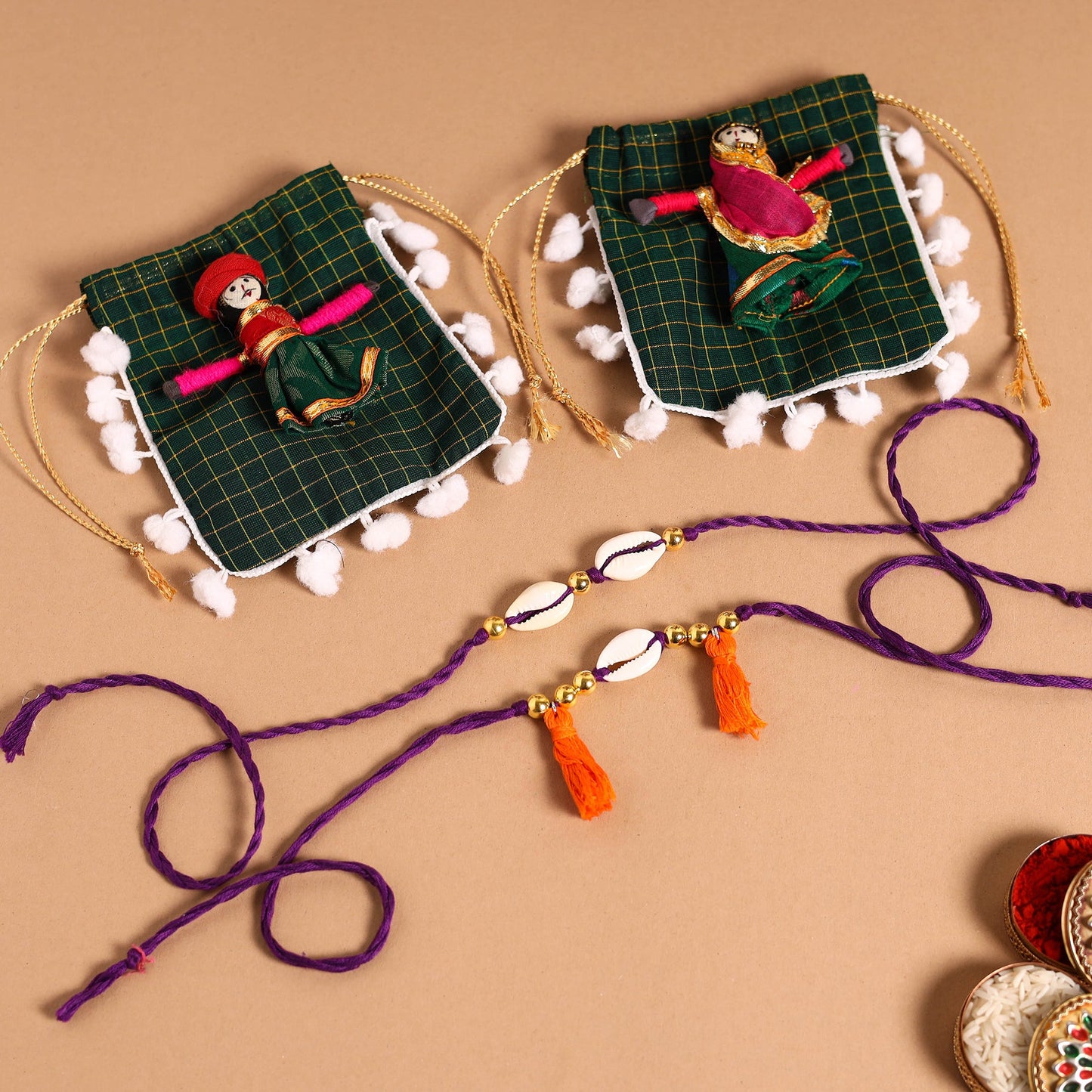 Handmade Shell & Bead Work Rakhi & Lumba Set