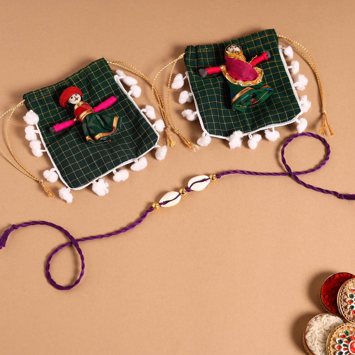 Handmade Shell & Bead Work Rakhi & Lumba Set