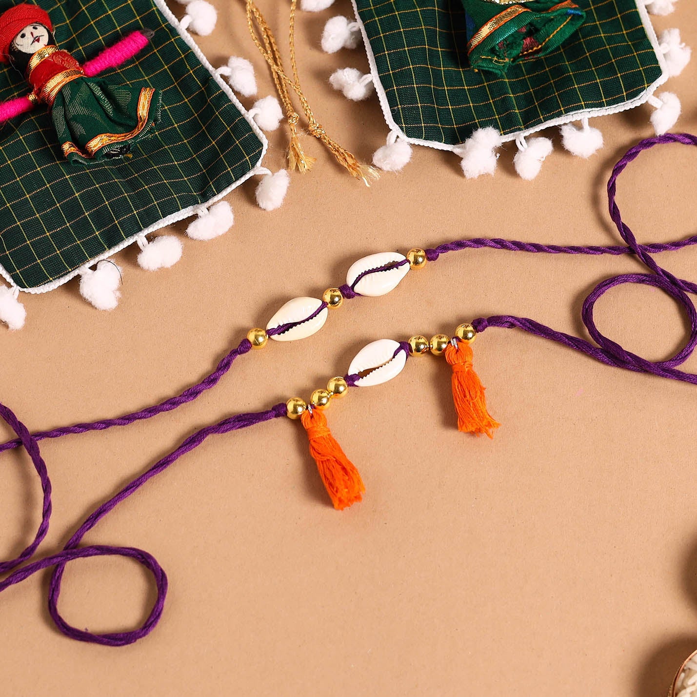 Handmade Shell & Bead Work Rakhi & Lumba Set