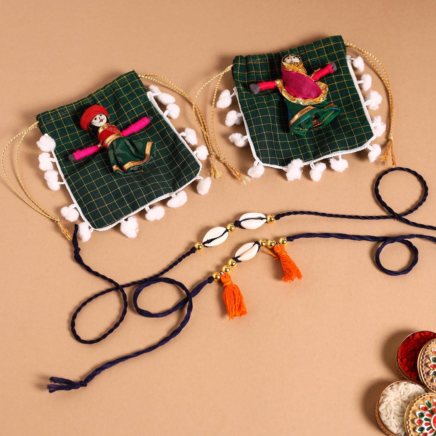Handmade Shell & Bead Work Rakhi & Lumba Set