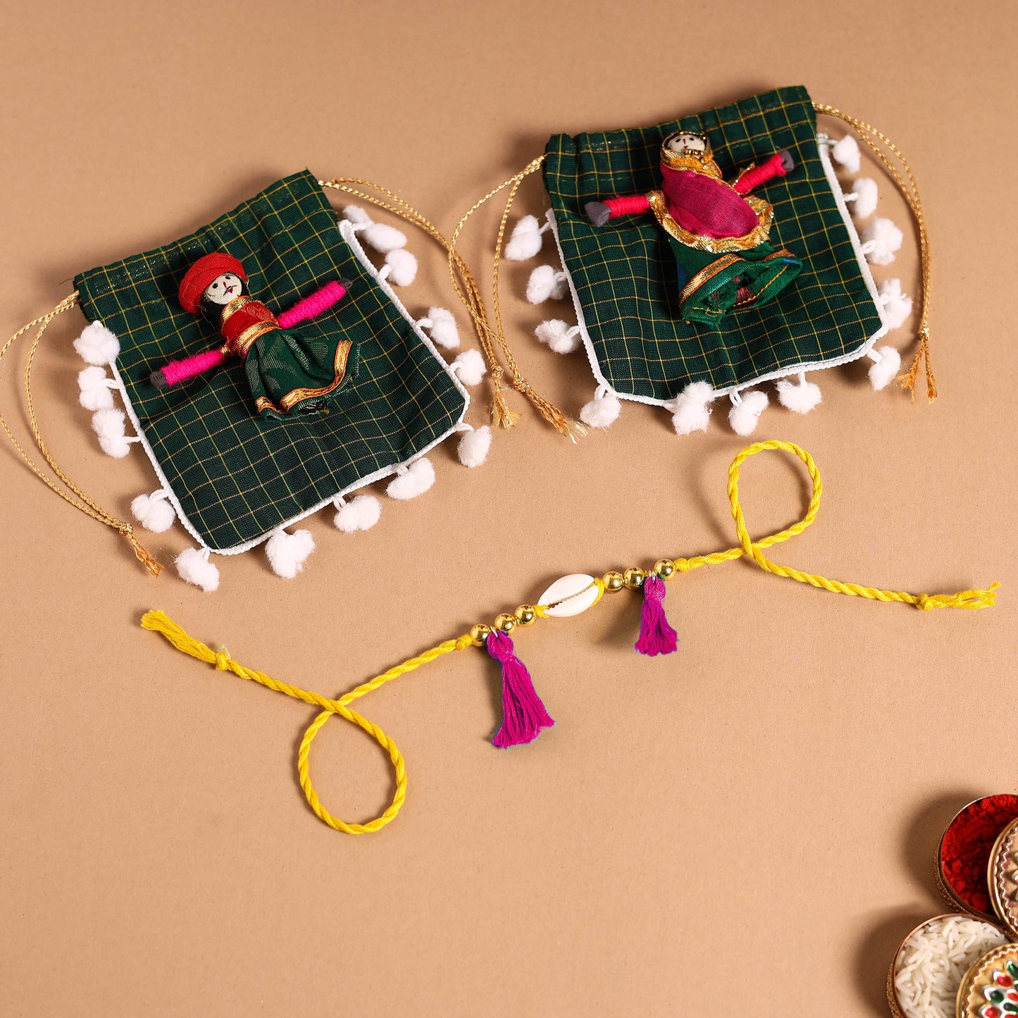 Handmade Shell & Bead Work Rakhi & Lumba Set