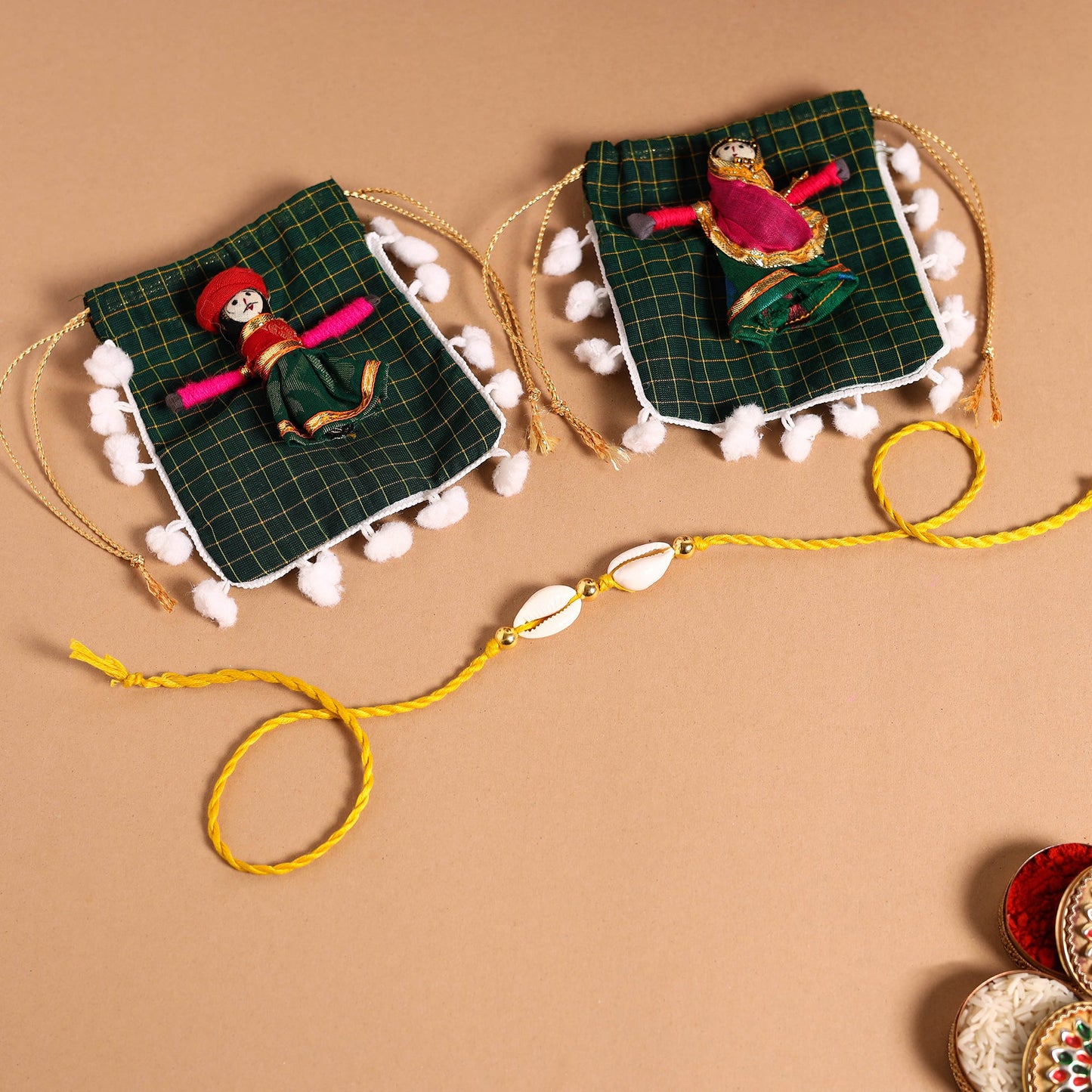 Handmade Shell & Bead Work Rakhi & Lumba Set
