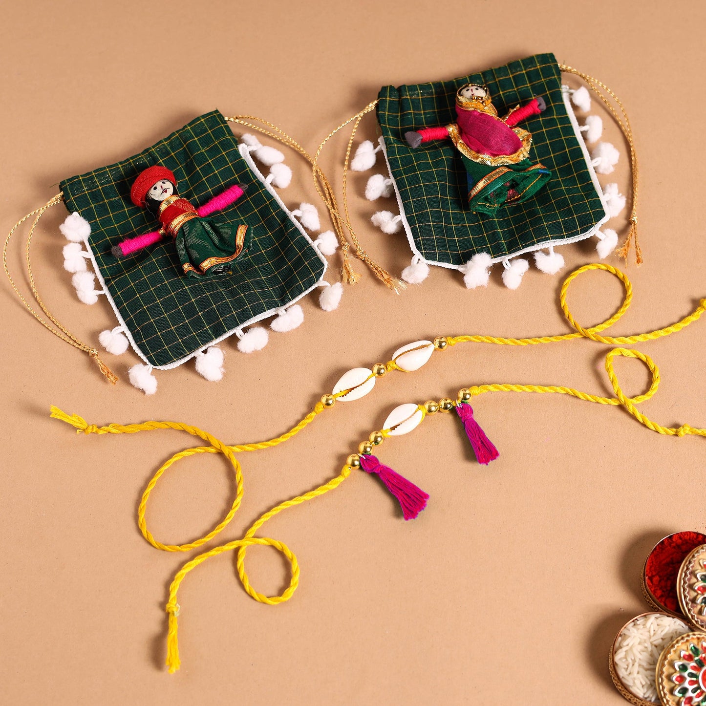 Handmade Shell & Bead Work Rakhi & Lumba Set