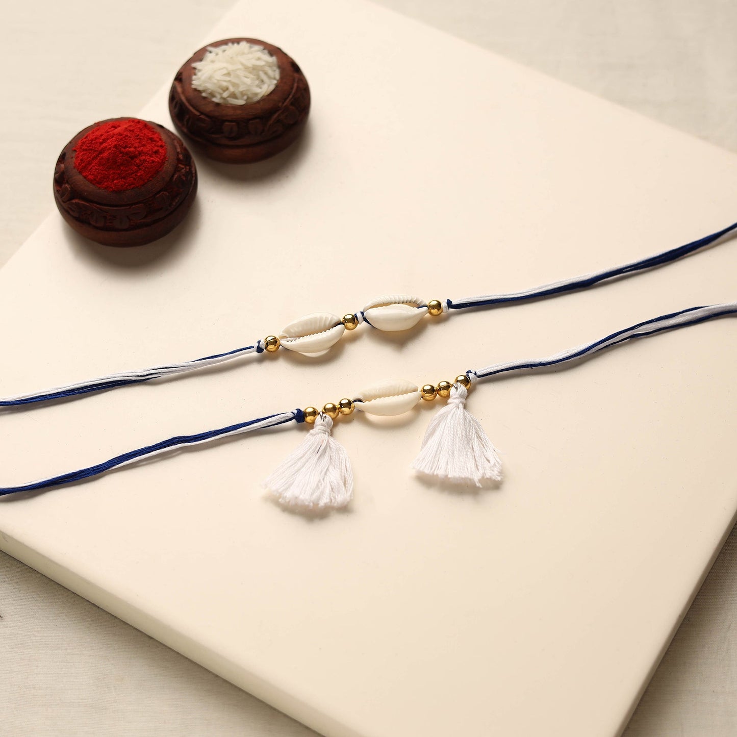 Handmade Shell & Bead Work Rakhi & Lumba Set