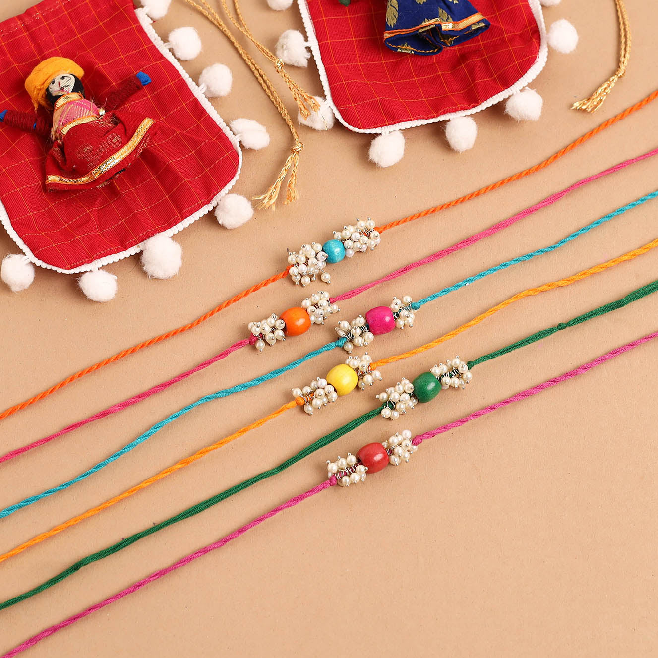 Handmade Tiny Pearl & Bead Work Rakhi (Assorted Set of 6)