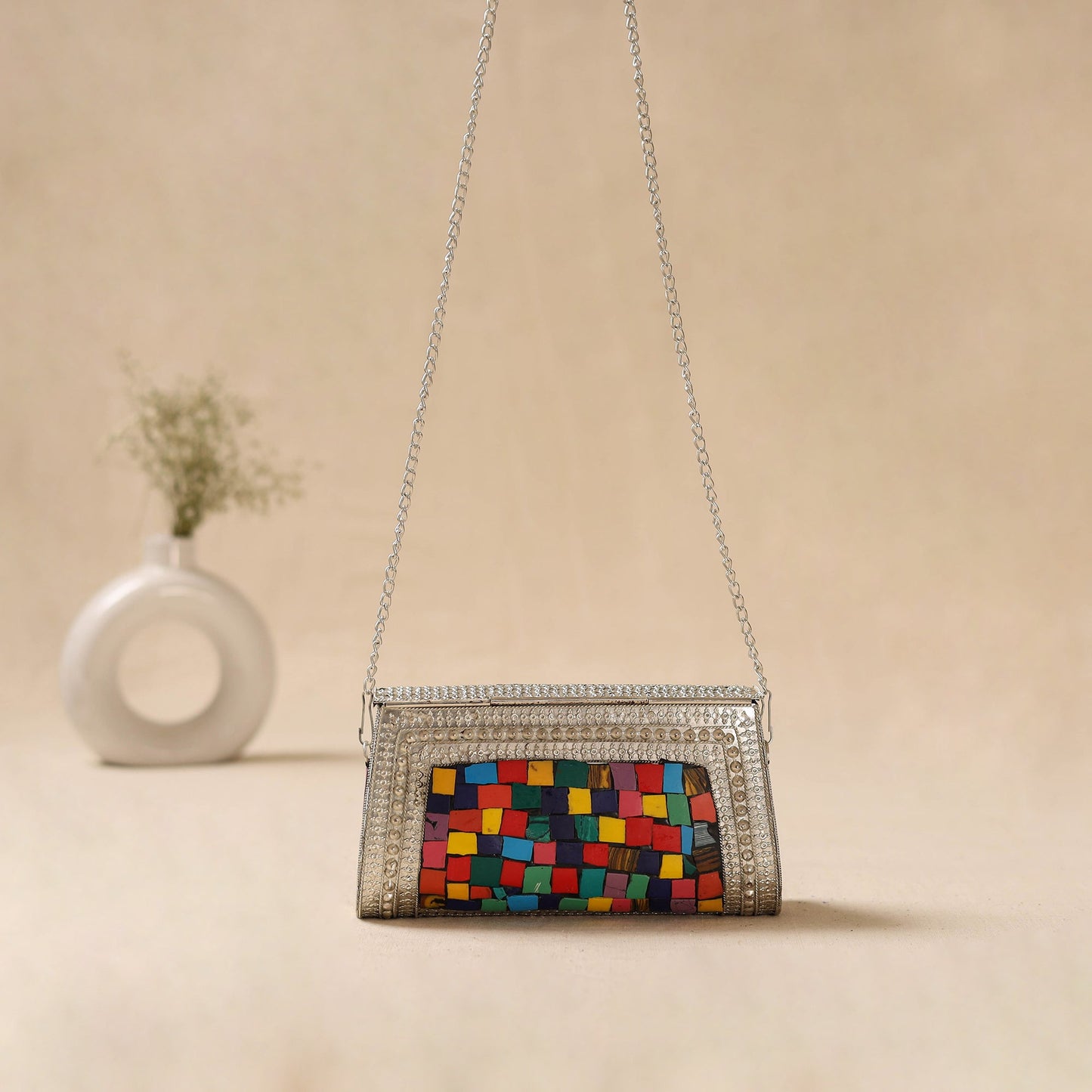 Handmade vintage metal mosaic stone clutch / sling bag 03