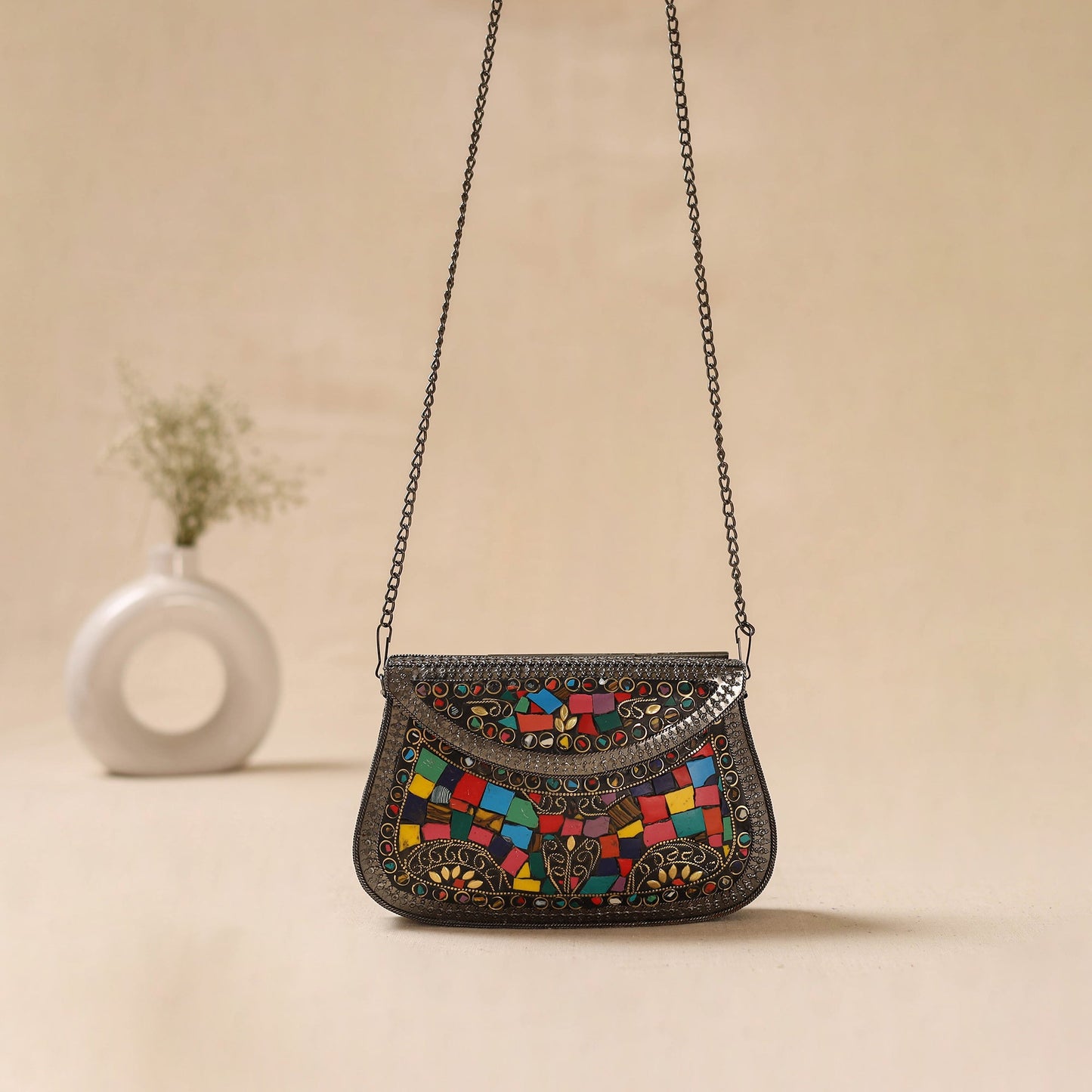 Handmade vintage metal mosaic stone clutch / sling bag 04