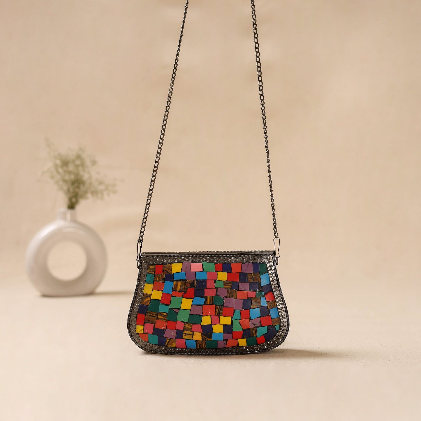 Handmade vintage metal mosaic stone clutch / sling bag 04