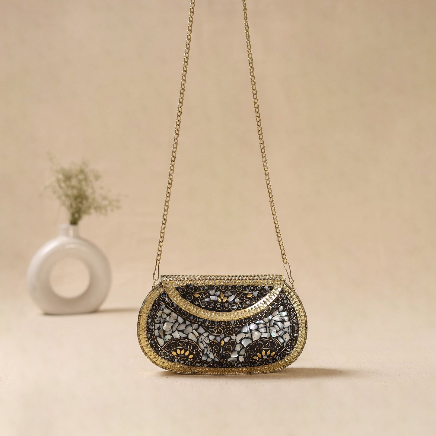 Handmade vintage metal mosaic stone clutch / sling bag 05