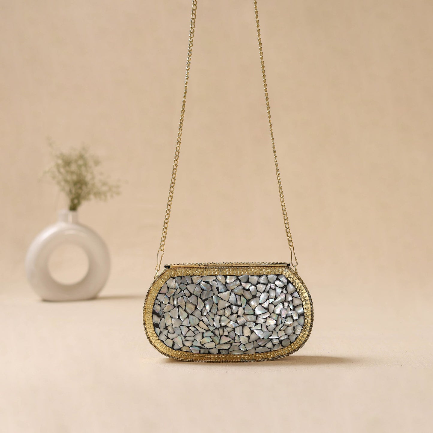 Handmade vintage metal mosaic stone clutch / sling bag 05