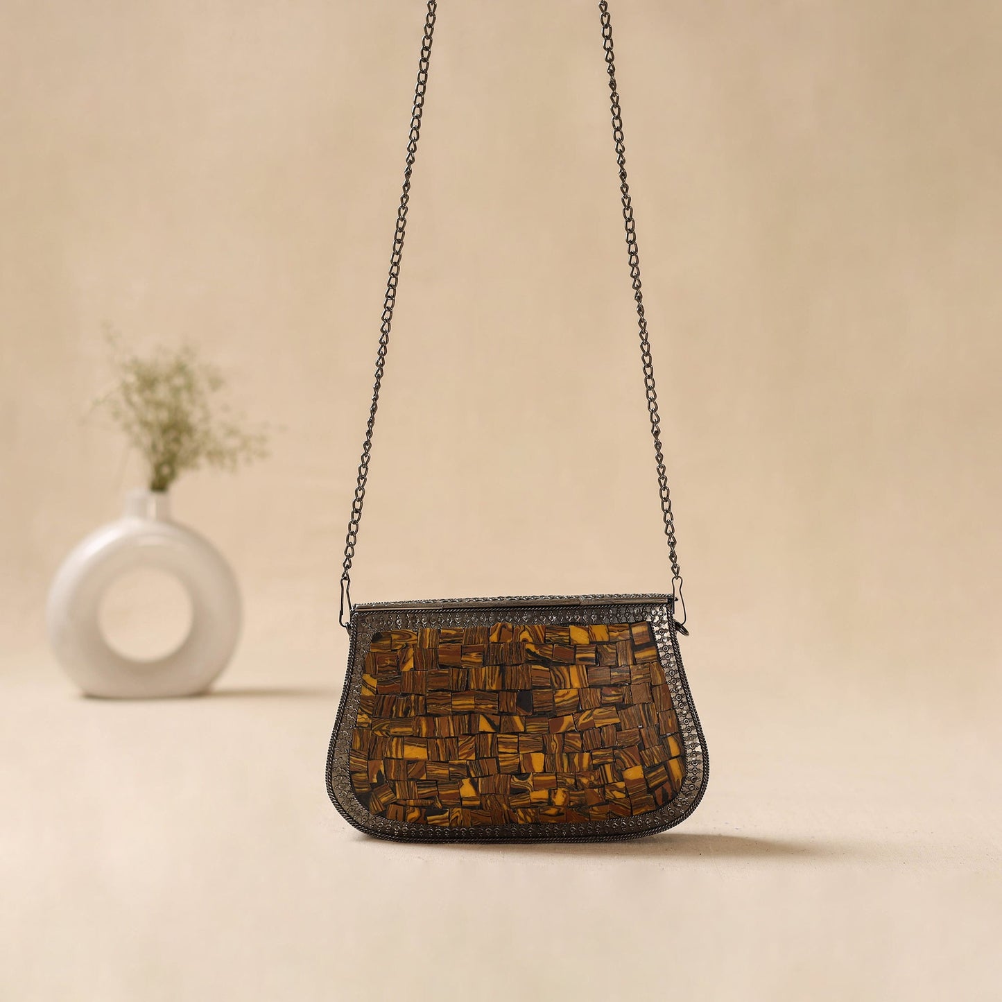 Handmade vintage metal mosaic stone clutch / sling bag 06