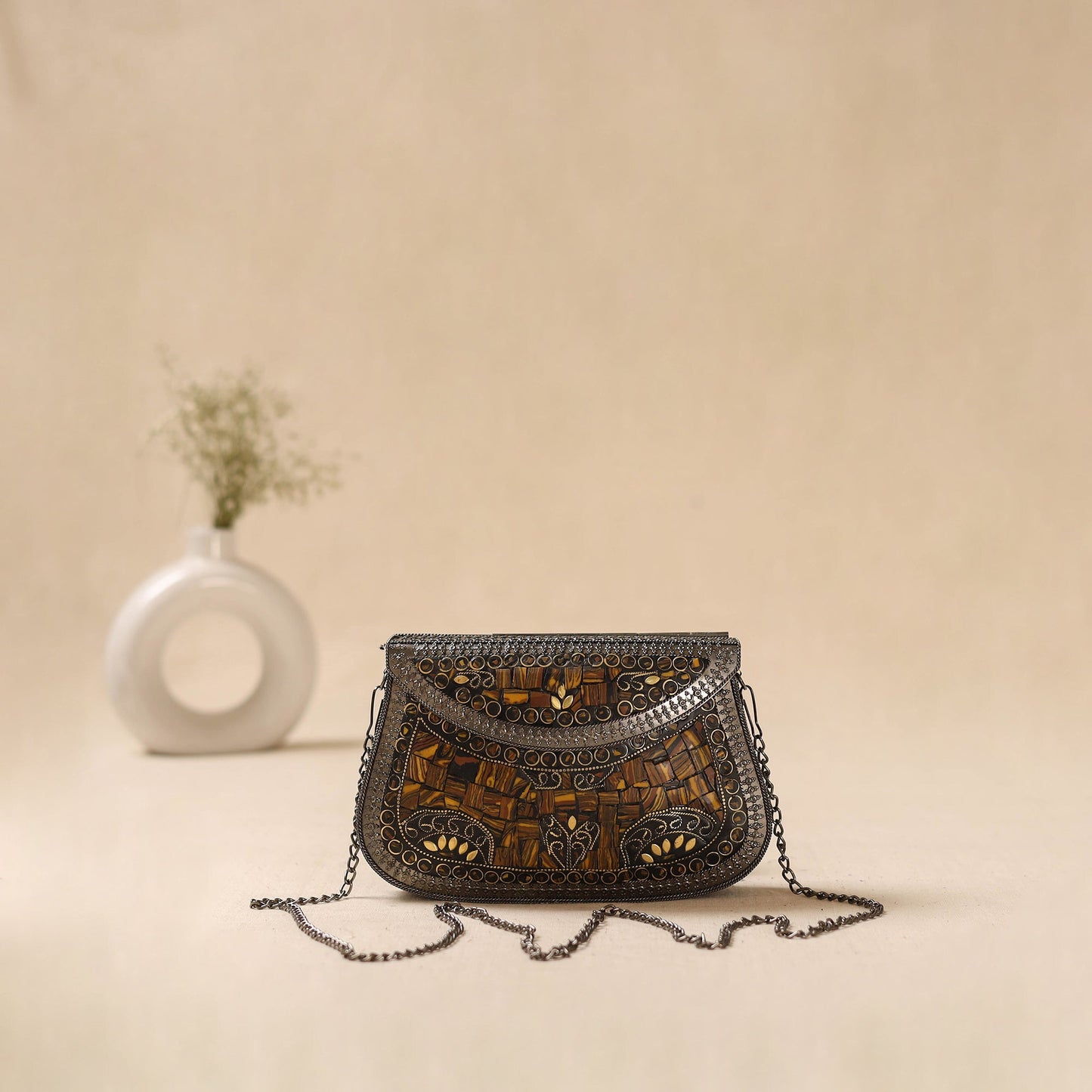 Handmade vintage metal mosaic stone clutch / sling bag 06