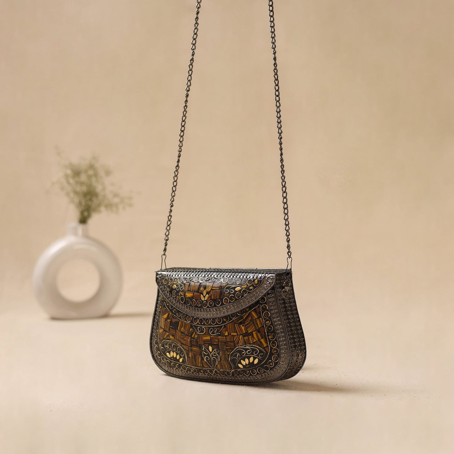 Handmade vintage metal mosaic stone clutch / sling bag 06