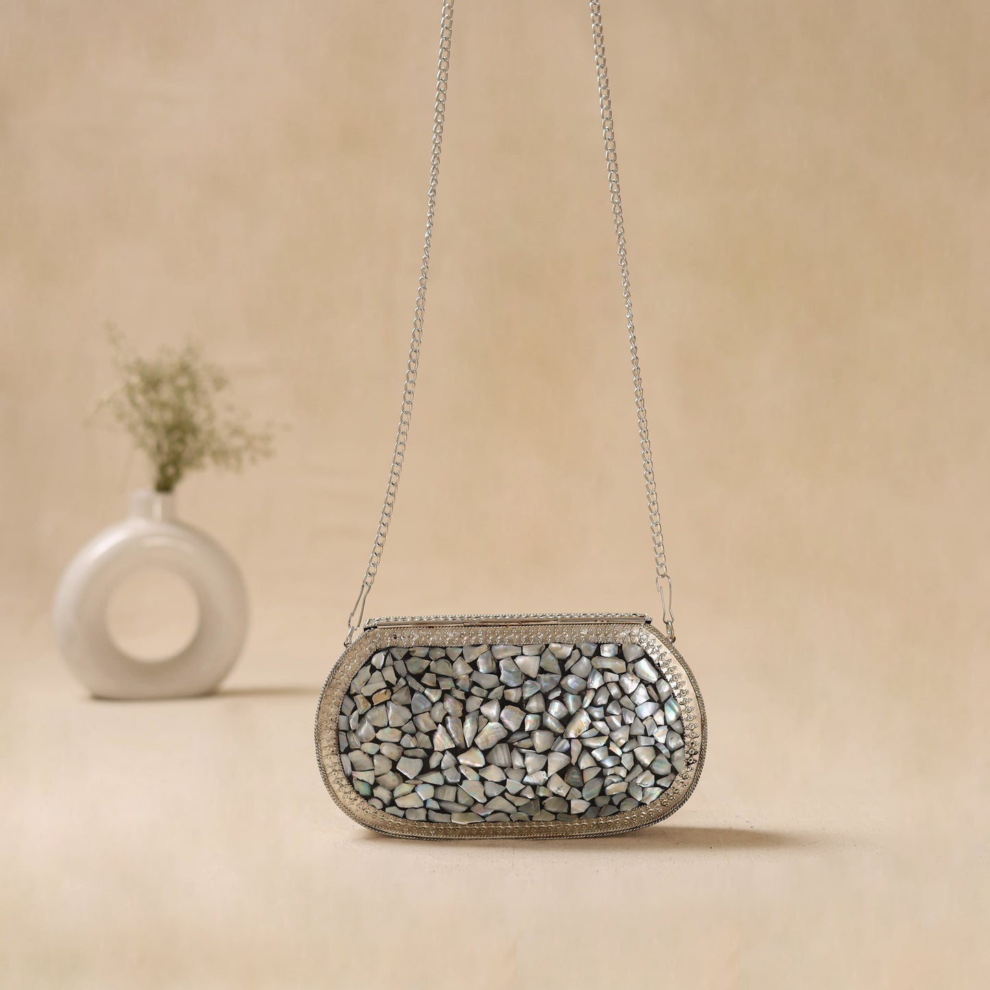 Handmade vintage metal mosaic stone clutch / sling bag 07