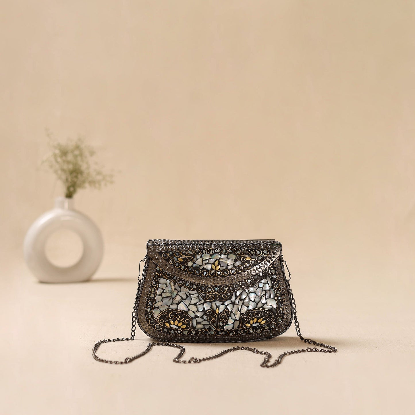 Handmade vintage metal mosaic stone clutch / sling bag 08
