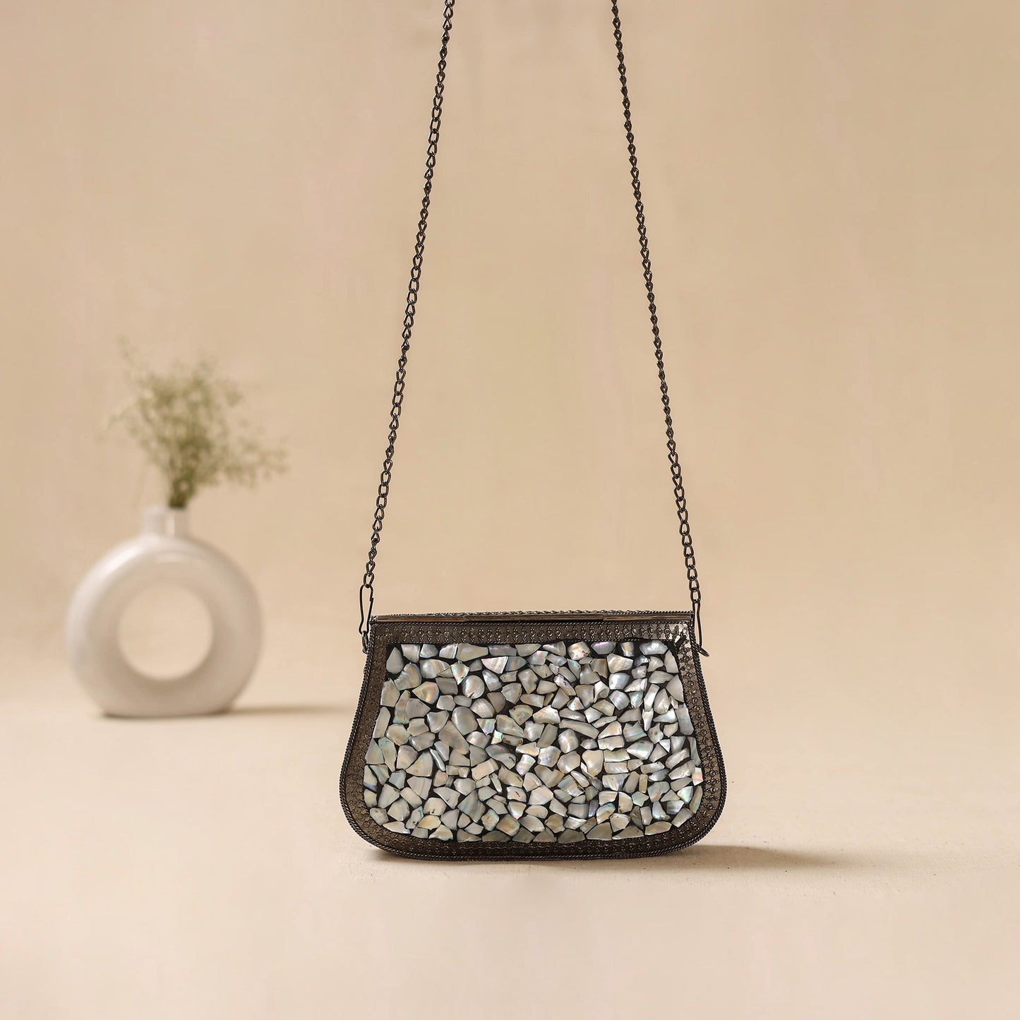 Handmade vintage metal mosaic stone clutch / sling bag 08