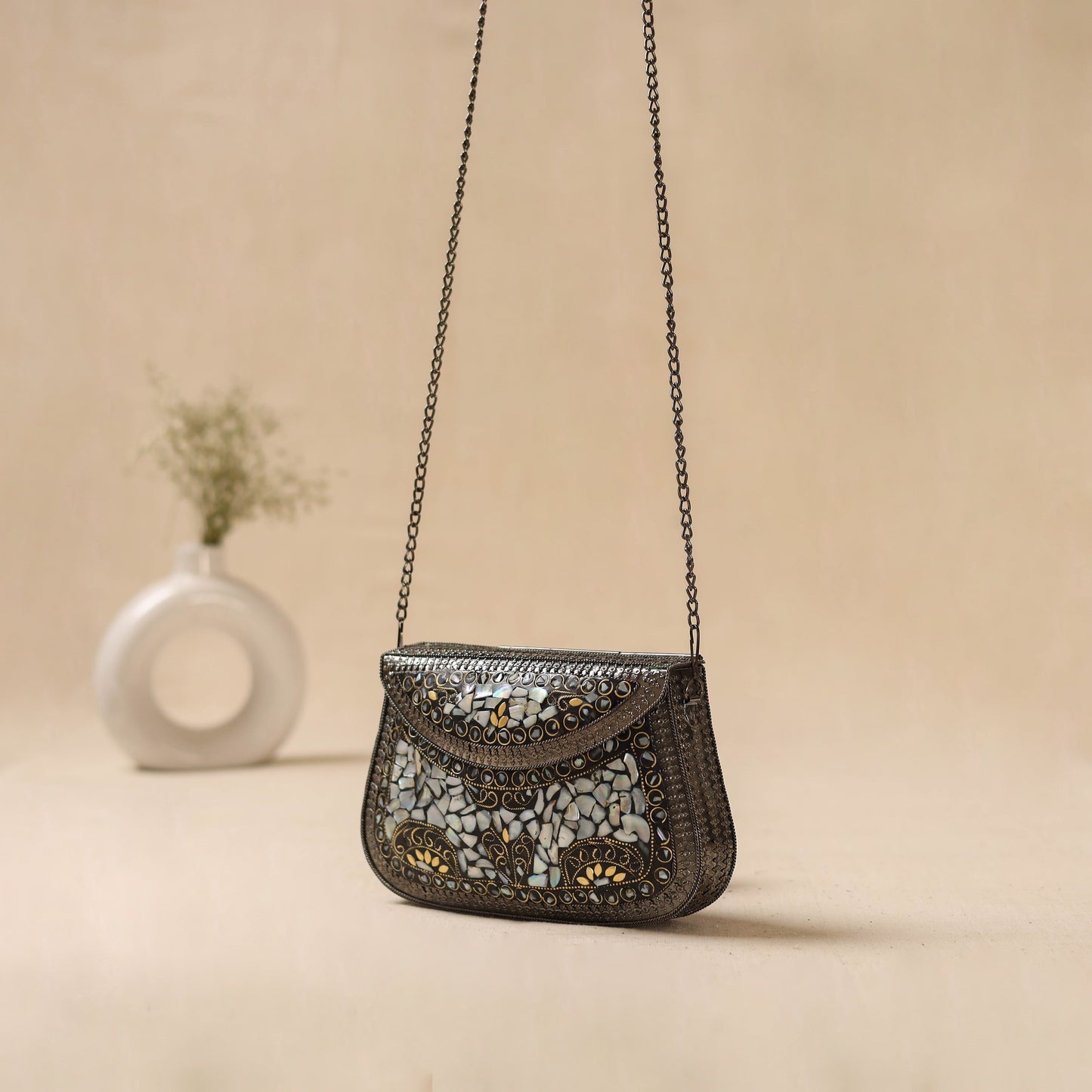 Handmade vintage metal mosaic stone clutch / sling bag 08