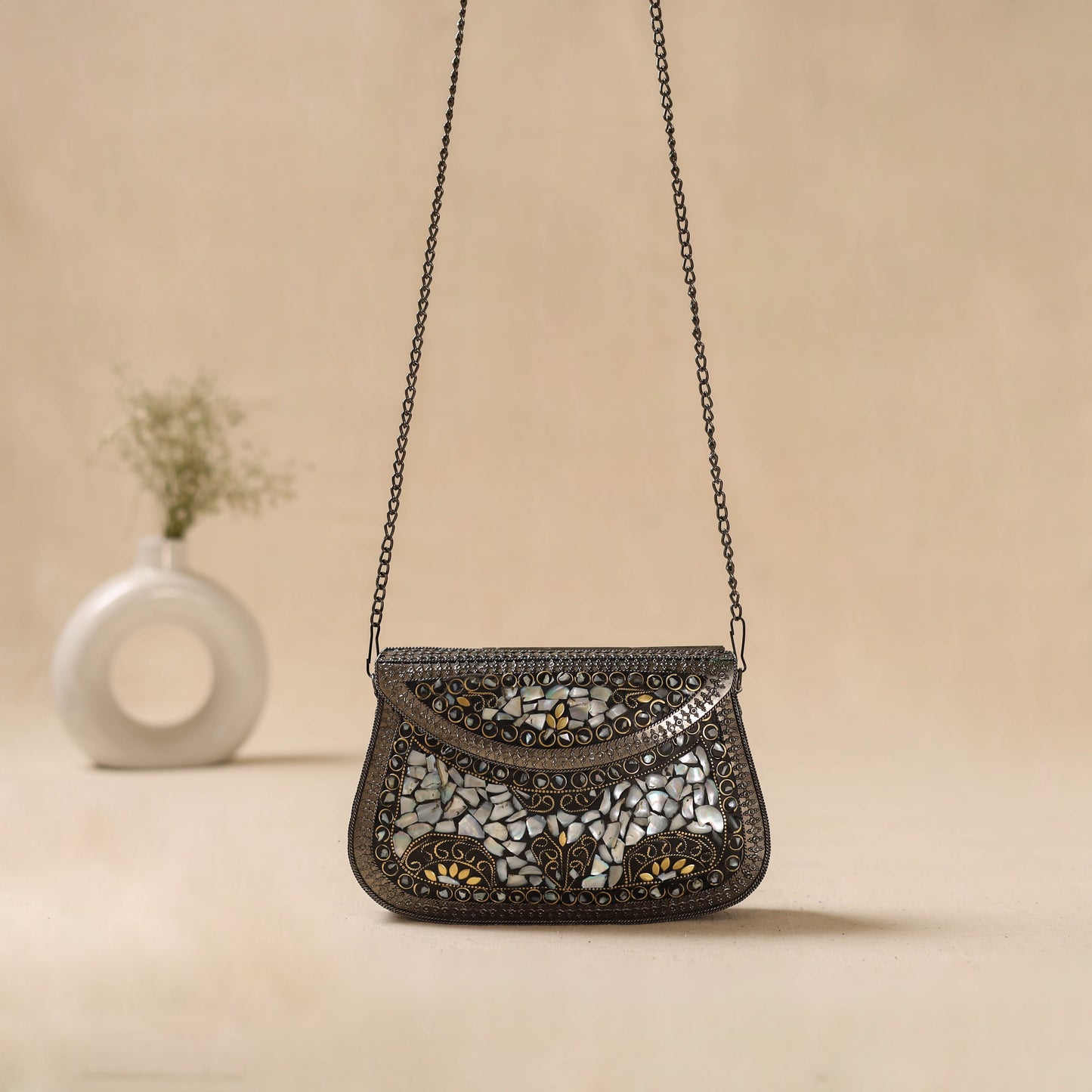 Handmade vintage metal mosaic stone clutch / sling bag 08