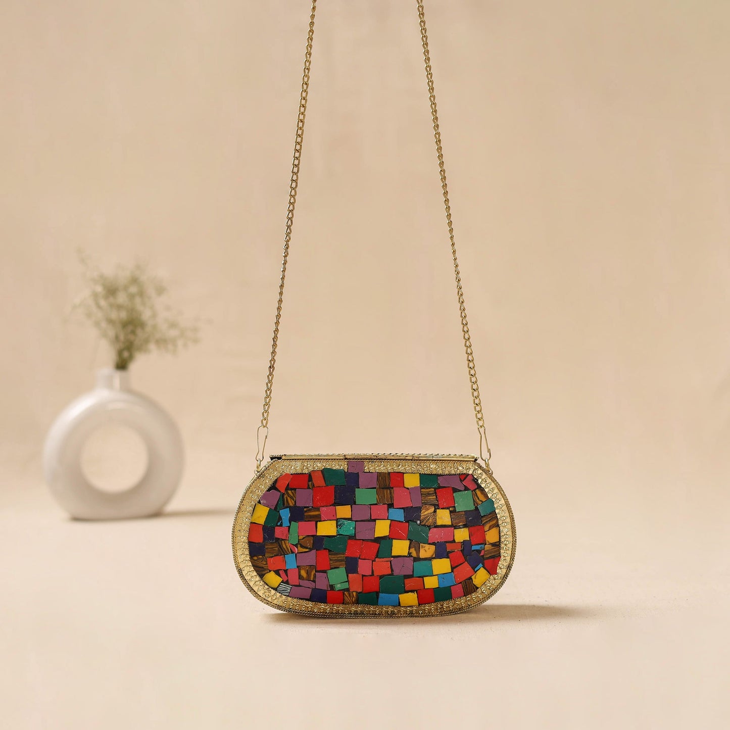 Handmade vintage metal mosaic stone clutch / sling bag 09