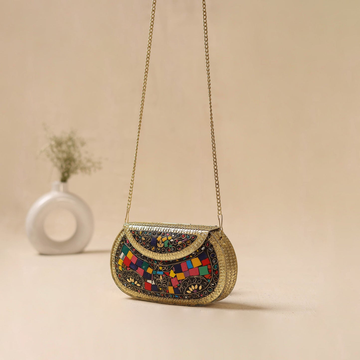 Handmade vintage metal mosaic stone clutch / sling bag 09