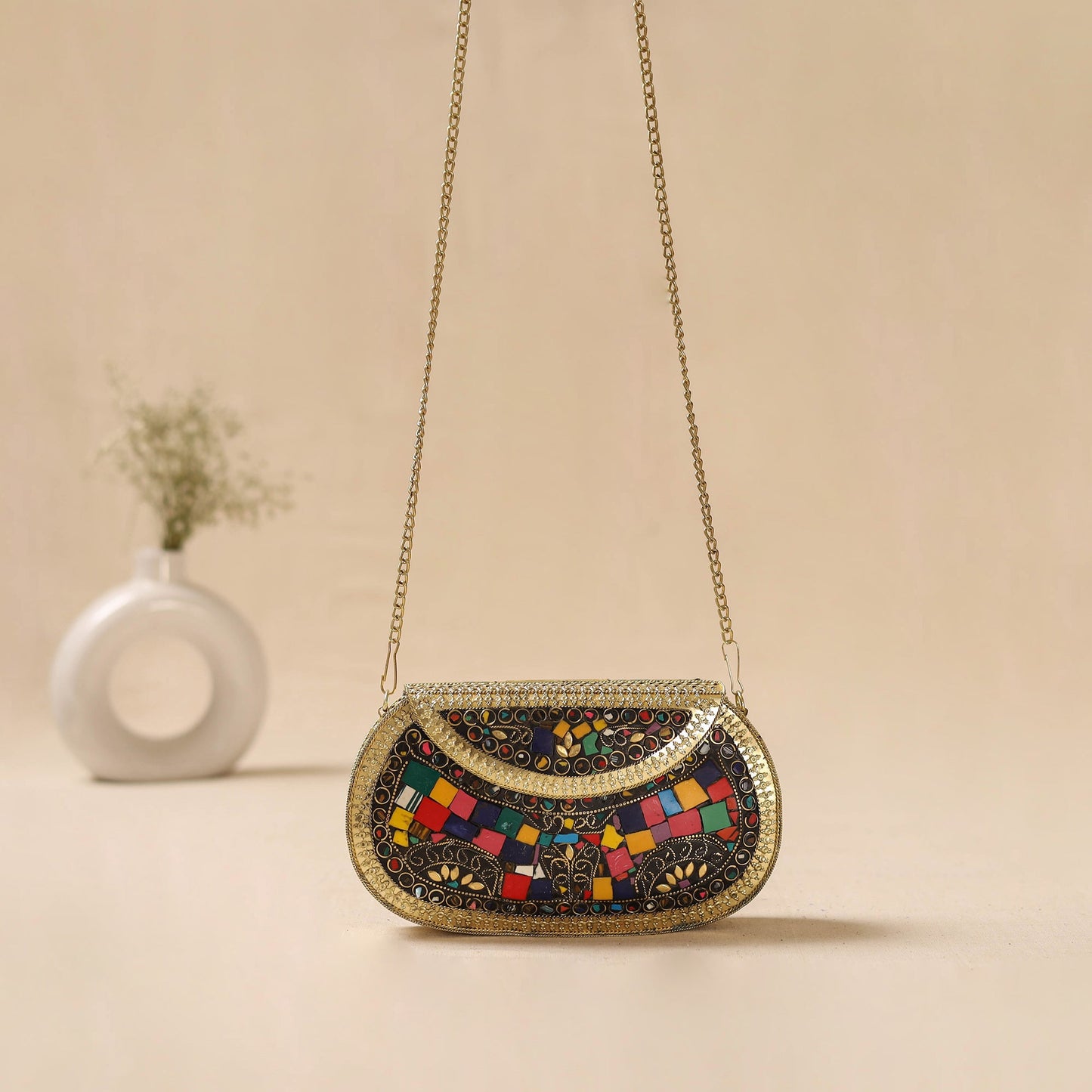 Handmade vintage metal mosaic stone clutch / sling bag 09