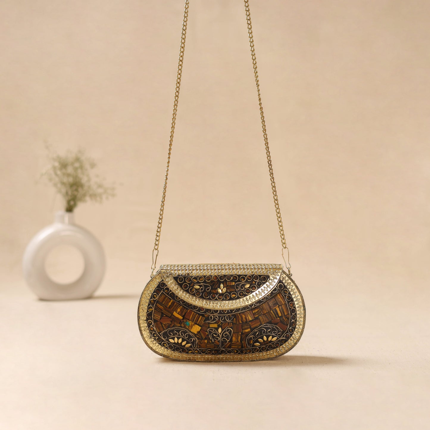 Handmade vintage metal mosaic stone clutch / sling bag 10