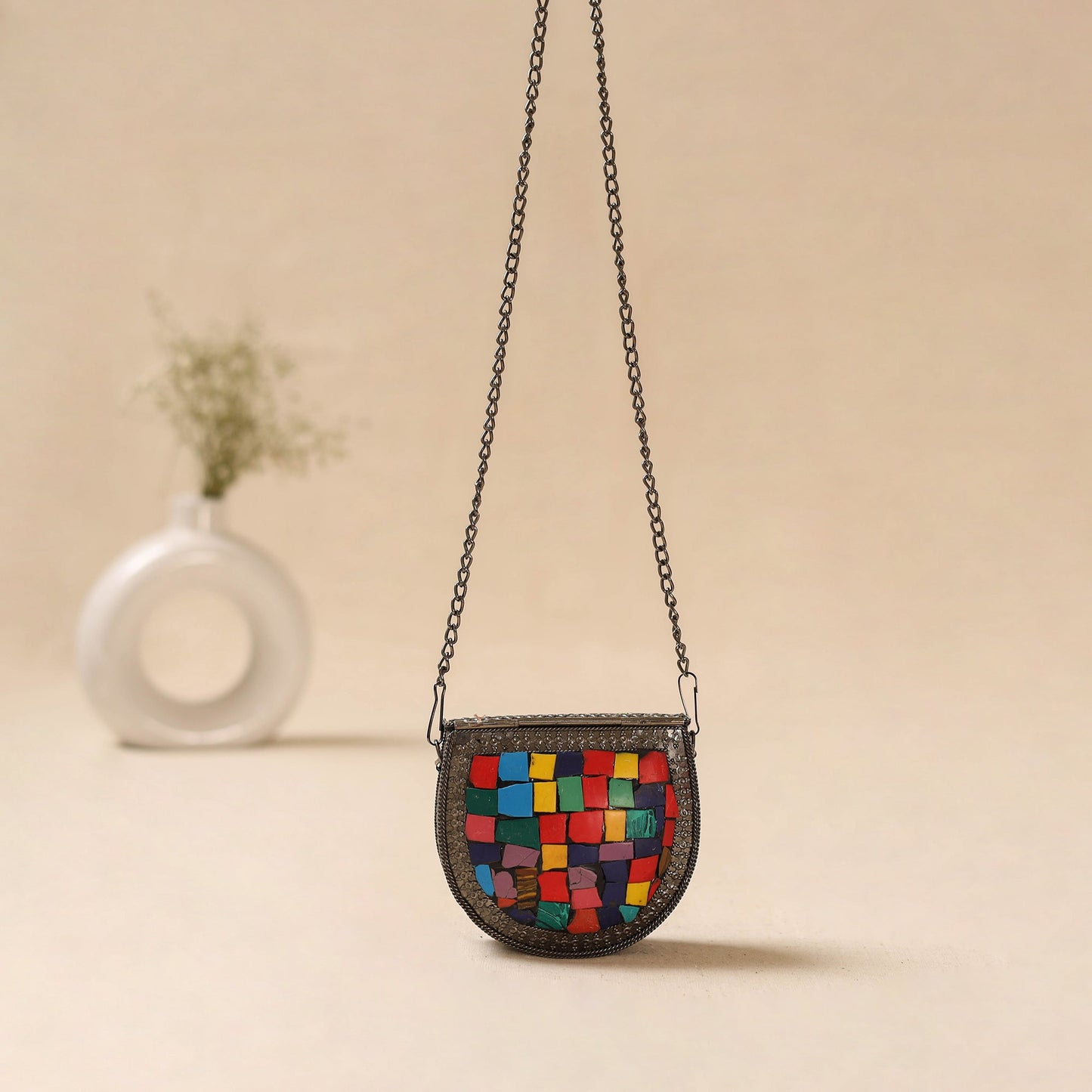 Handmade vintage metal mosaic stone clutch / sling bag 11