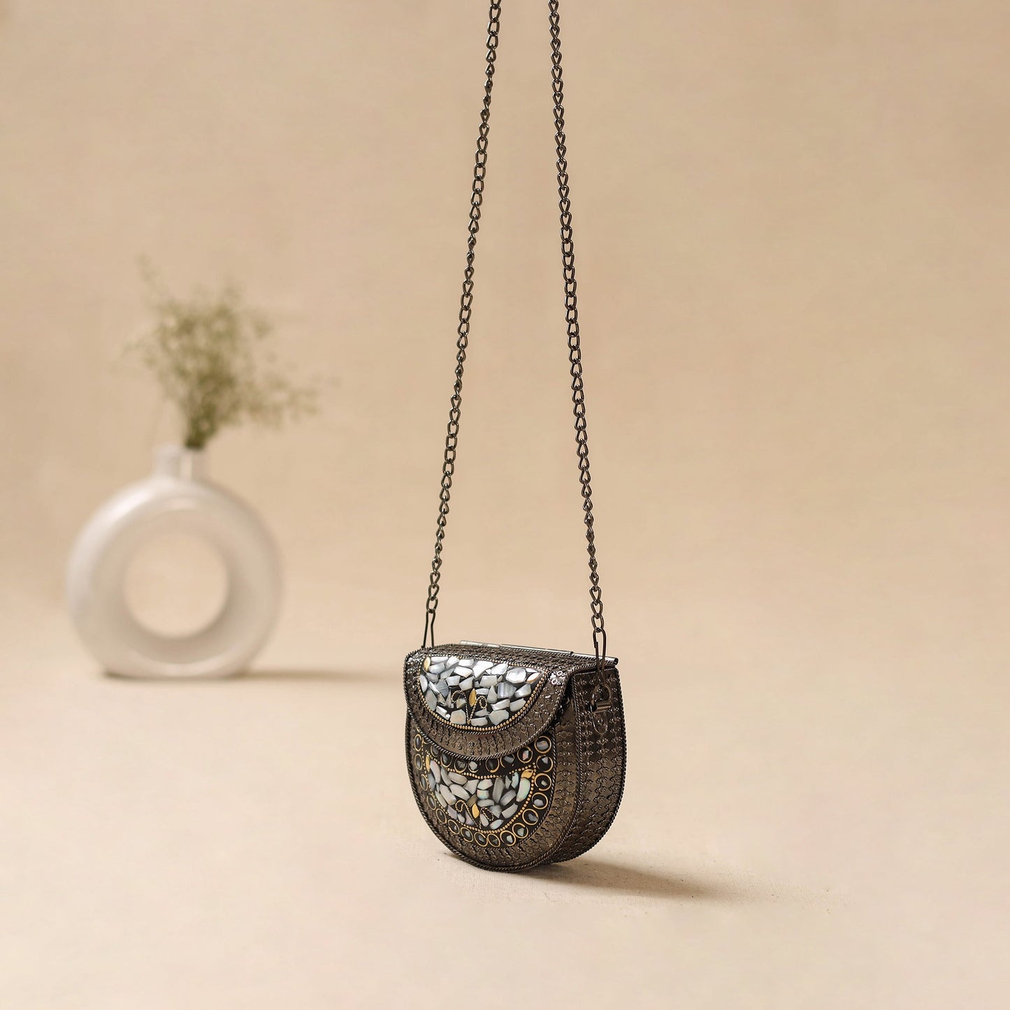 Handmade vintage metal mosaic stone clutch / sling bag 12
