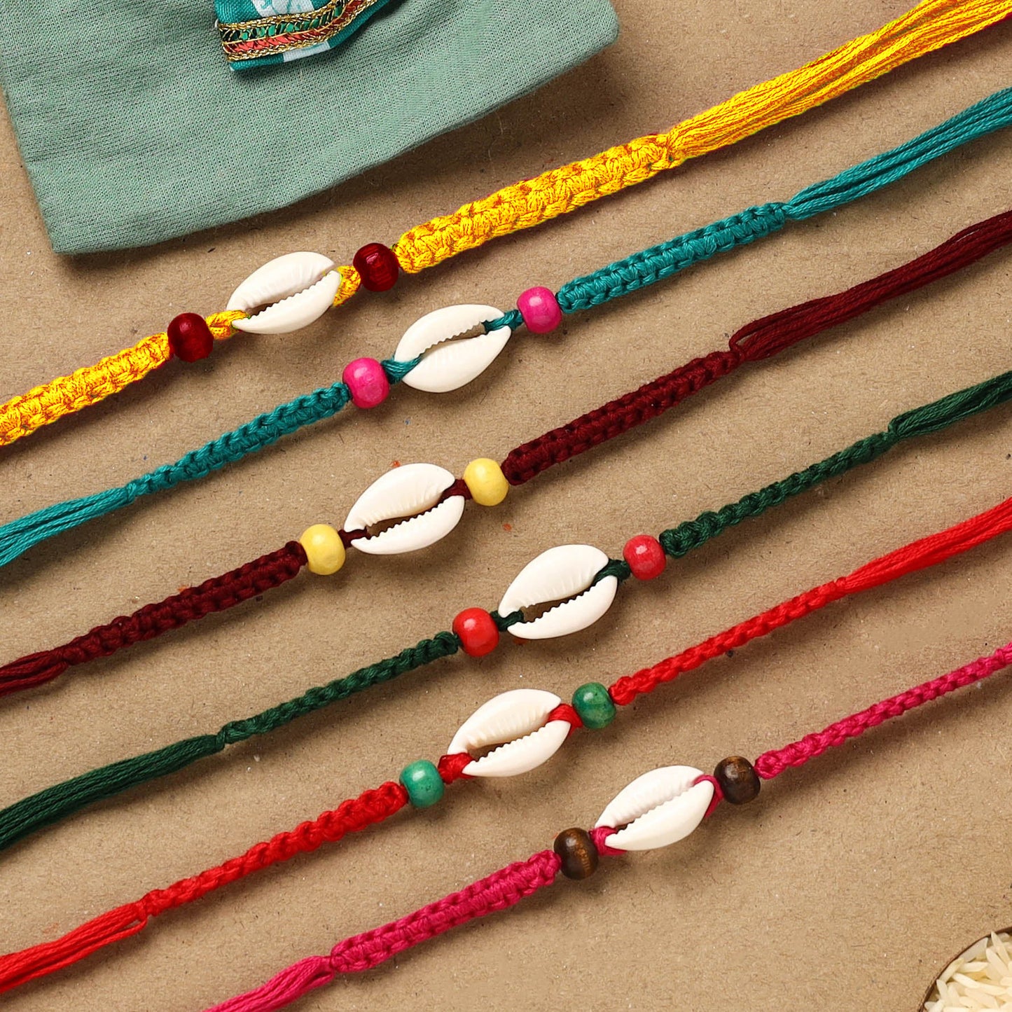 Cowrie - Handmade Wooden Beads Shell Work Rakhi (Set of 6) 164