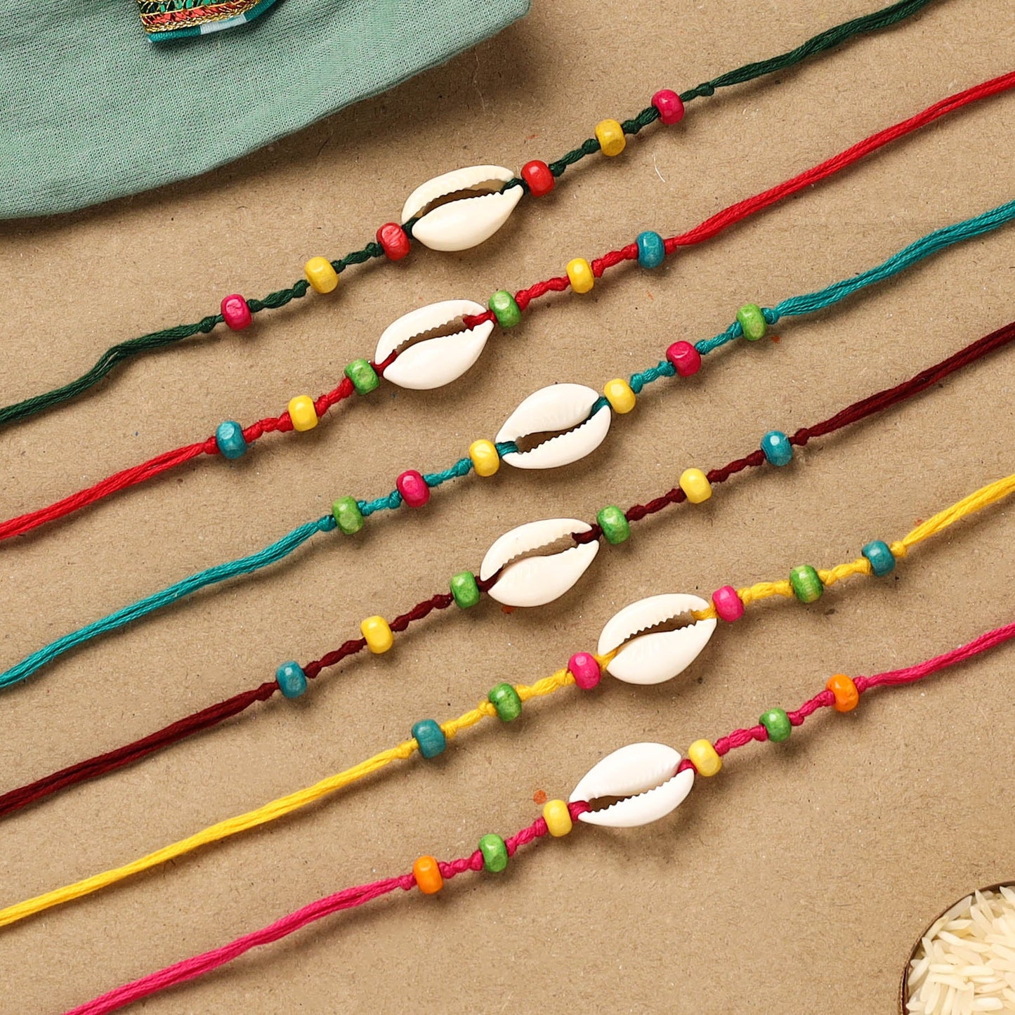Handmade wooden beads shell work rakhi (set of 6) 165